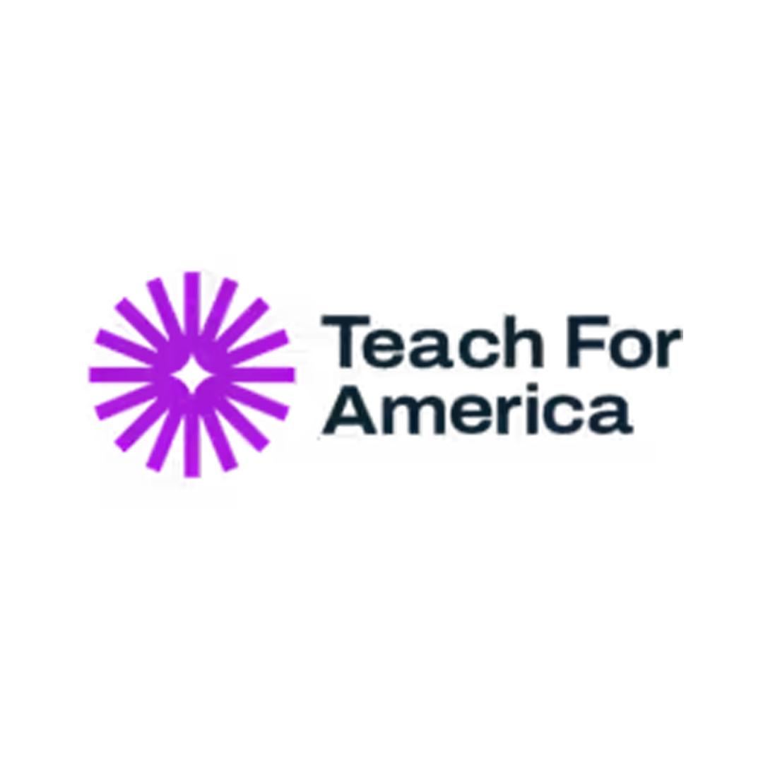 Teach For America logo with a purple starburst icon and black text.