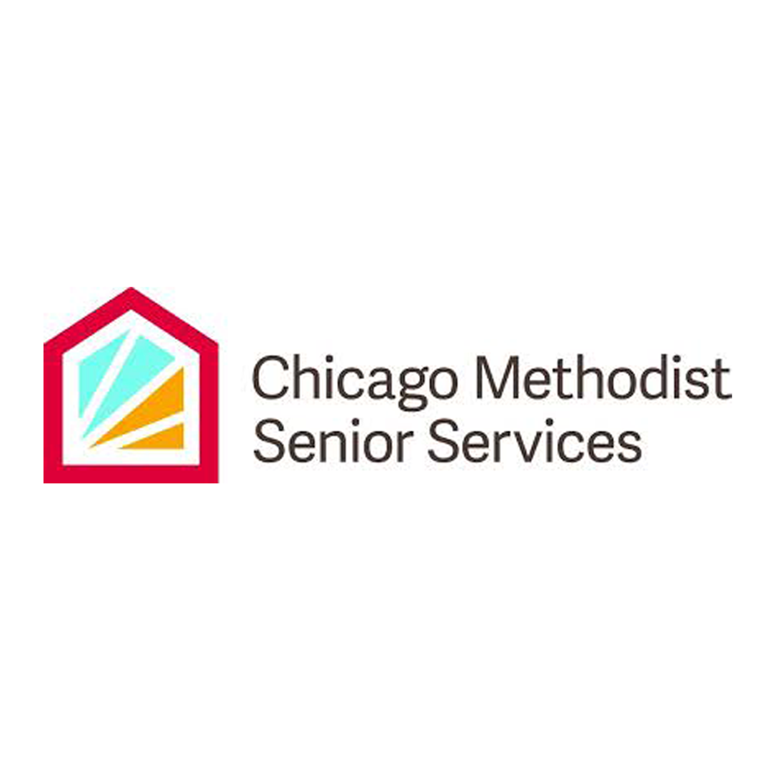 Logo of Chicago Methodist Senior Services with a red house outline and colorful geometric design, and black text next to it.