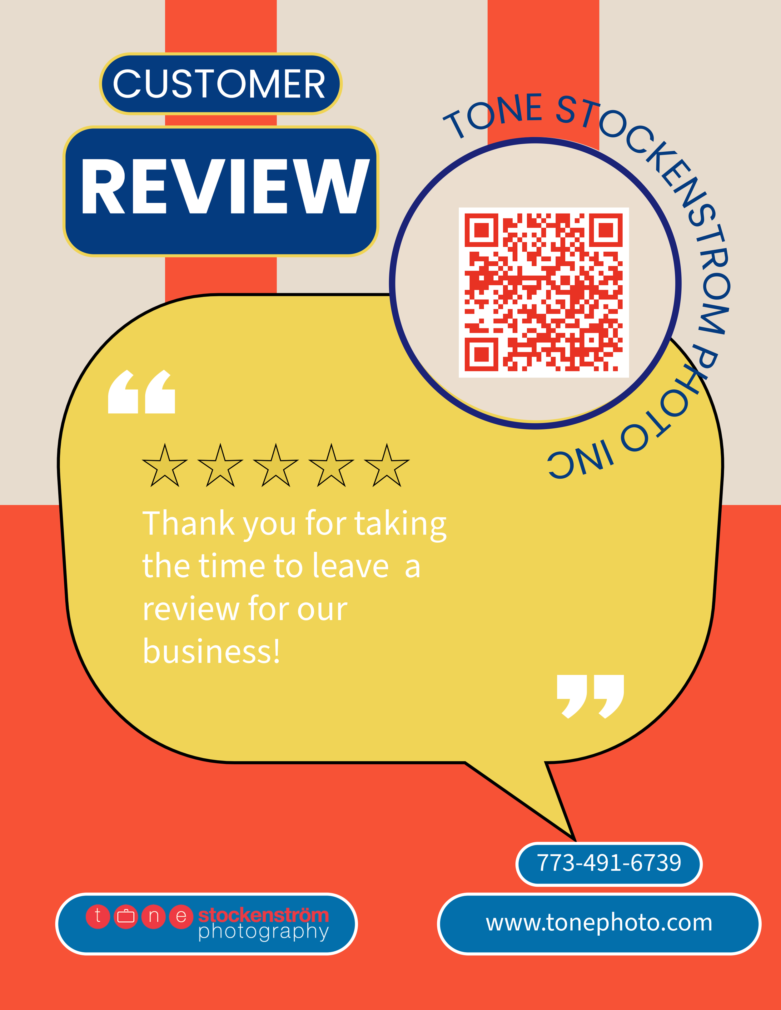 A promotional graphic for Tone Stockenström Photography featuring a request for customer reviews with a QR code, a 5-star rating system with no stars filled, a thank you message for leaving a review, and contact information including a phone number and website.