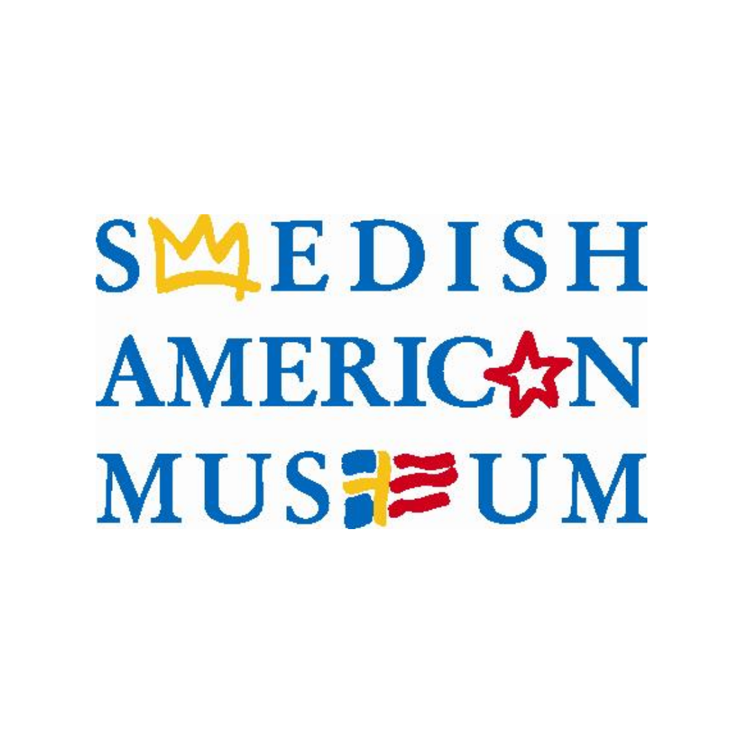 Logo of the Swedish American Museum with colorful, stylized text and decorative elements in blue, yellow, and red.