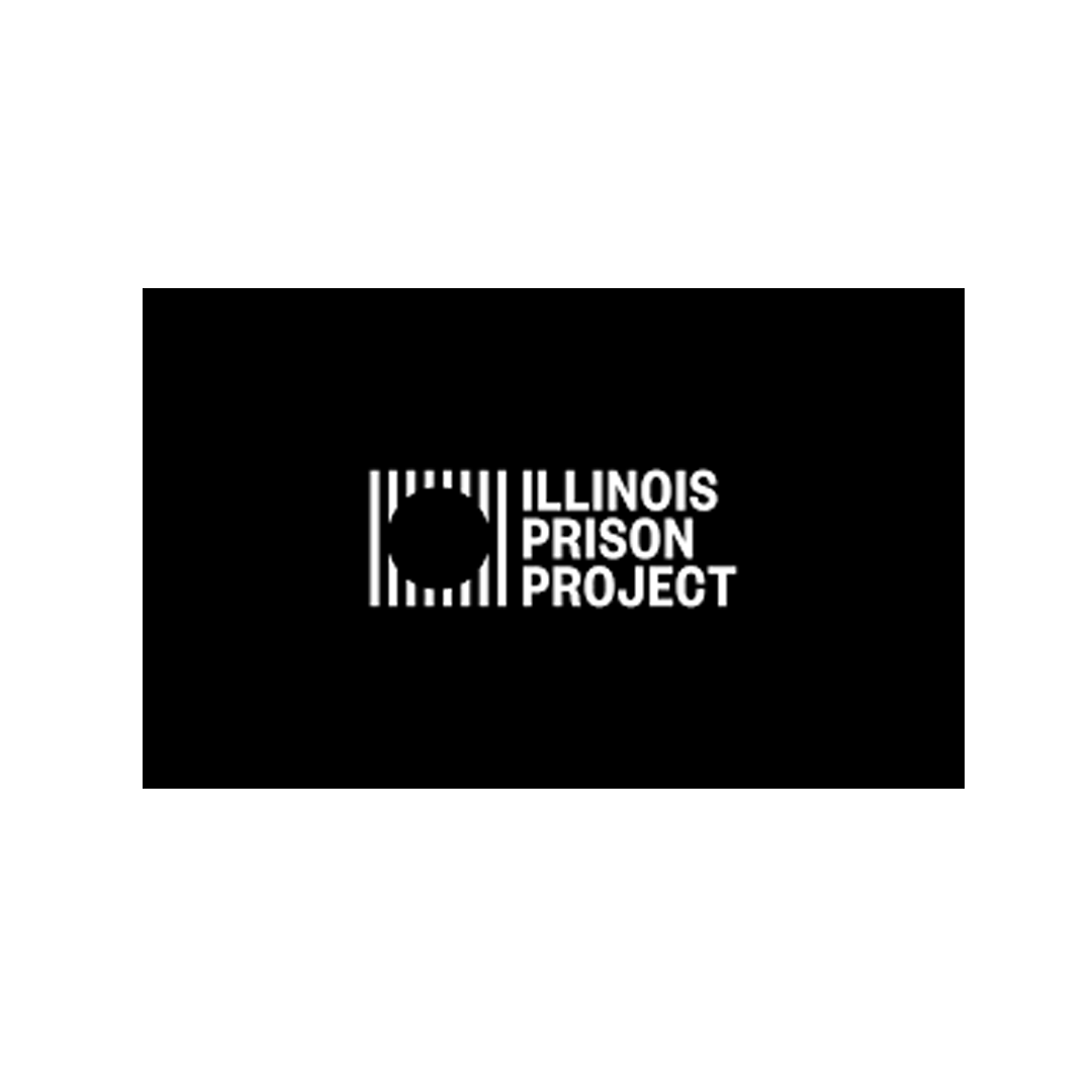 Logo for the Illinois Prison Project featuring a black background, white text, and an image resembling a penal code badge or barcode with a circular cutout.