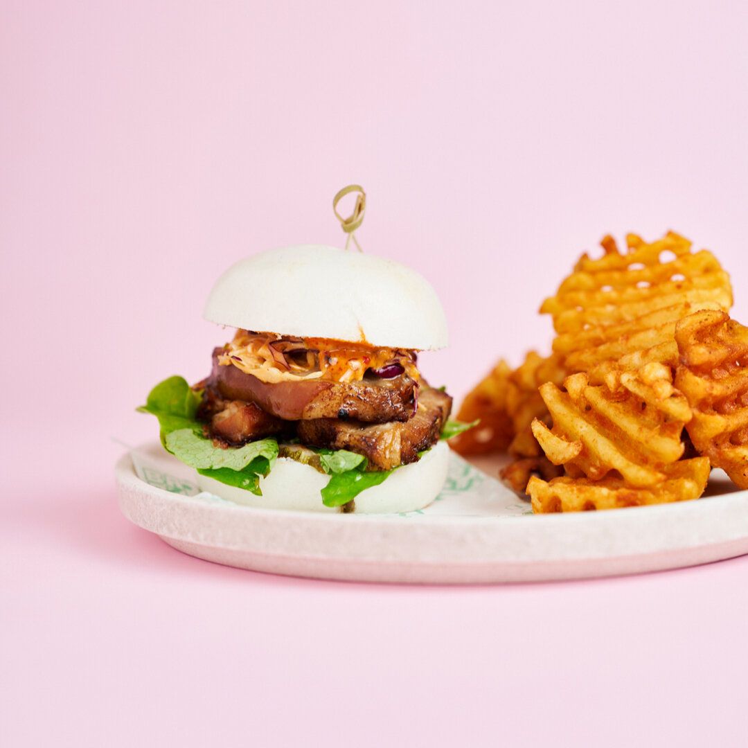 BRAISED PORK BELLY, PICKLED CUCUMBERS &amp; CRUNCHY KOREAN APPLE SLAW 🌟​​​​​​​​
Bao-gers now served with a side of waffle fries