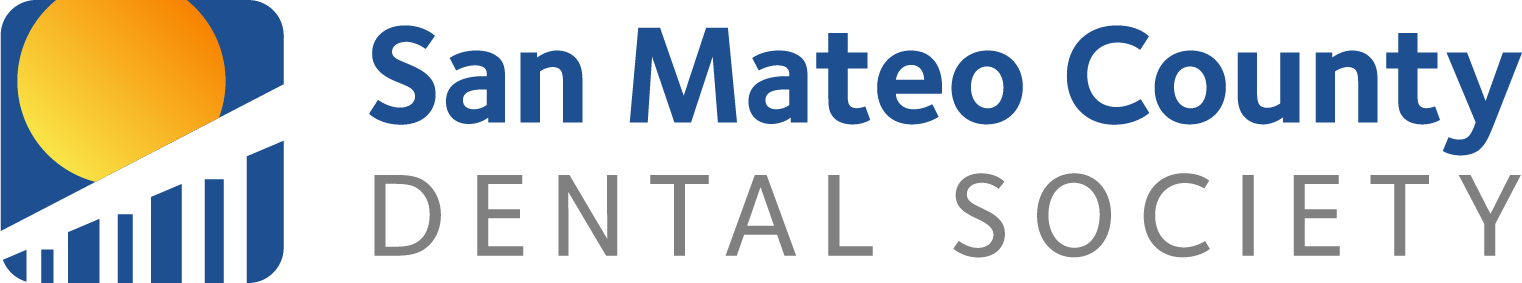 San Mateo County Dental Society logo featuring a blue box with a sun graphic and stylized text.