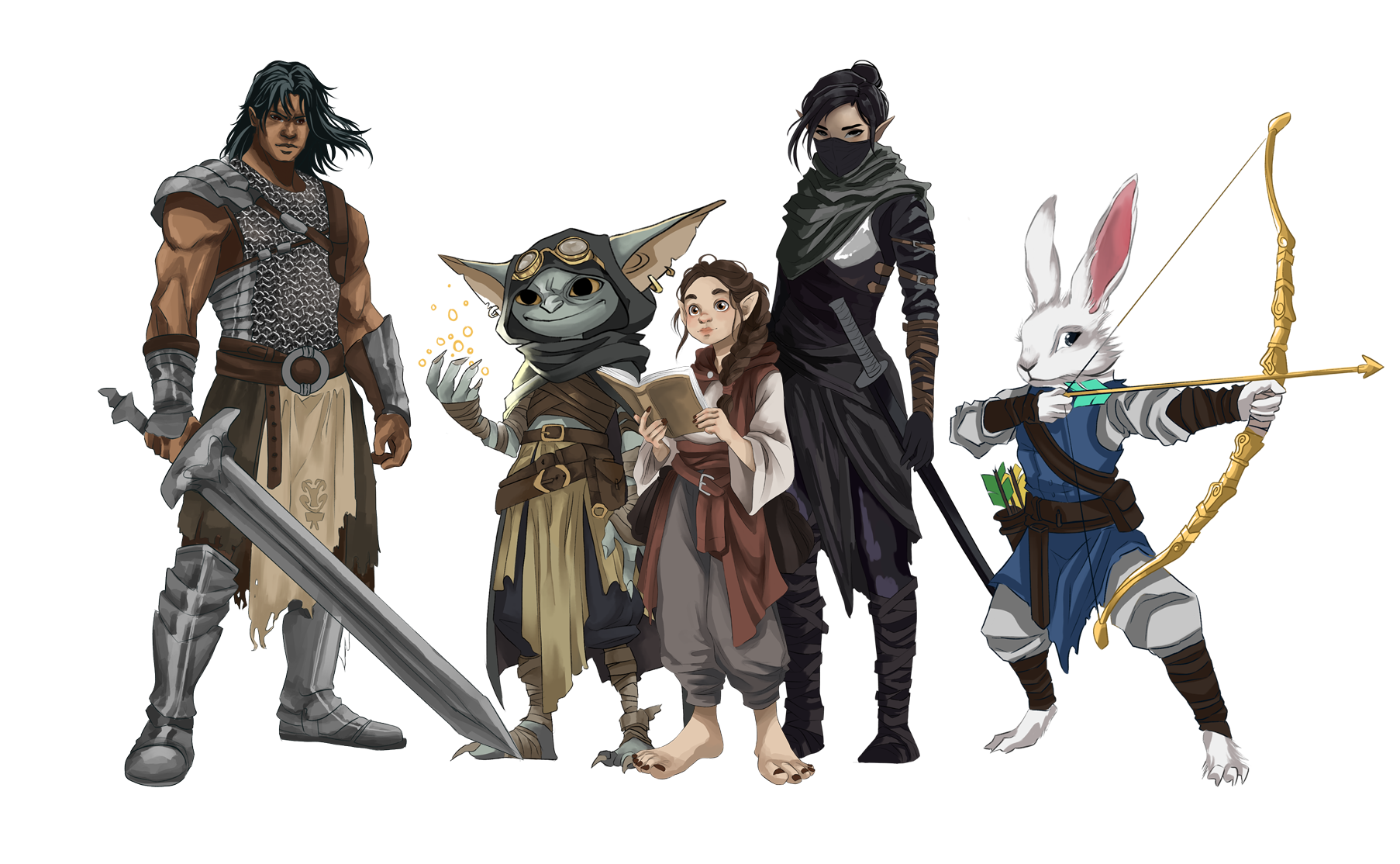 Group of fantasy characters including a warrior, a small creature with goggles, a young girl reading a book, a ninja, and a rabbit-like archer.
