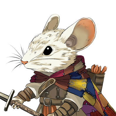 A cartoon mouse dressed as a warrior, equipped with armor, a sword, and a cape.