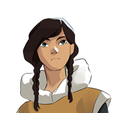 Animated young woman with dark hair in braids, wearing a white and brown outfit with a fur-collared white shirt.