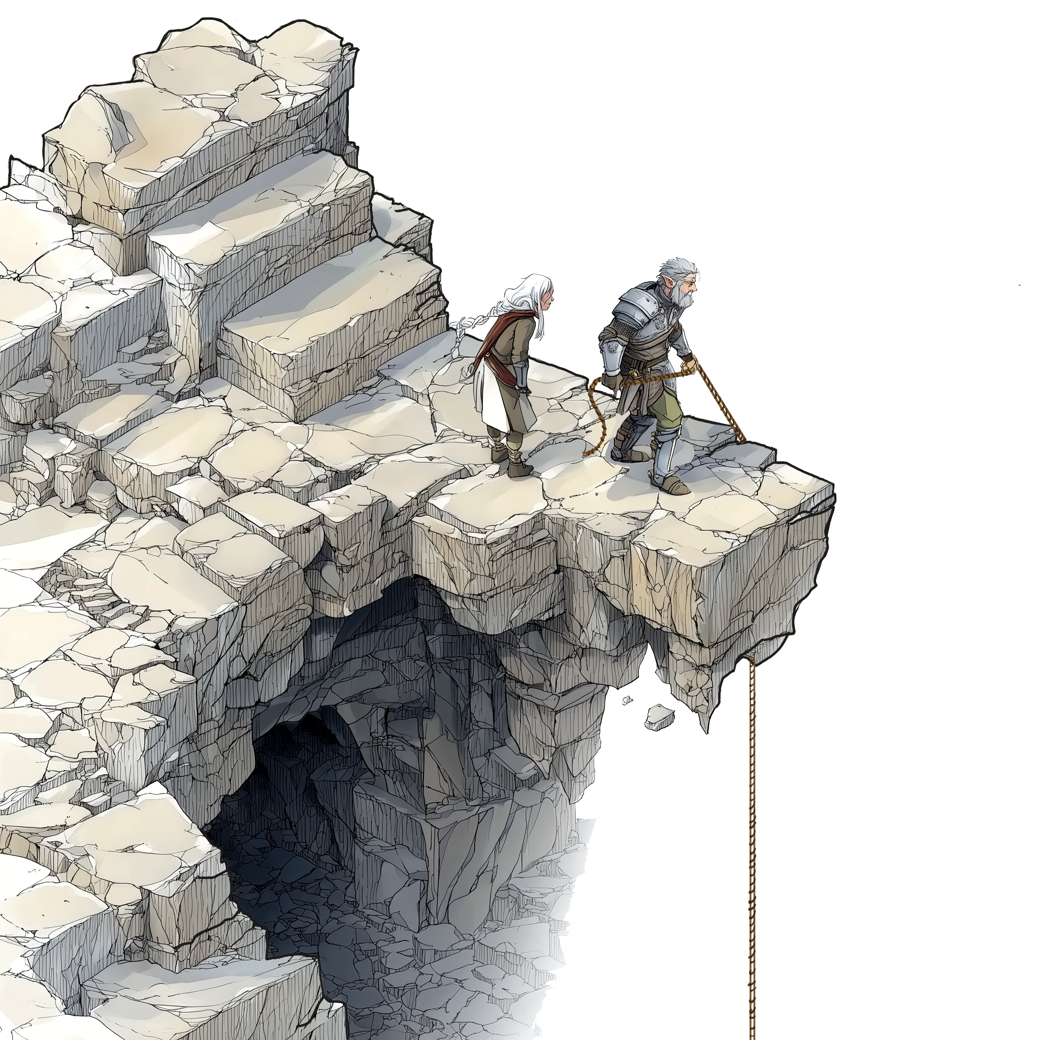 Two adventurers, one older man with grey hair and beard, and a younger woman with white hair, walking on a rocky mountain ledge with a cave below.