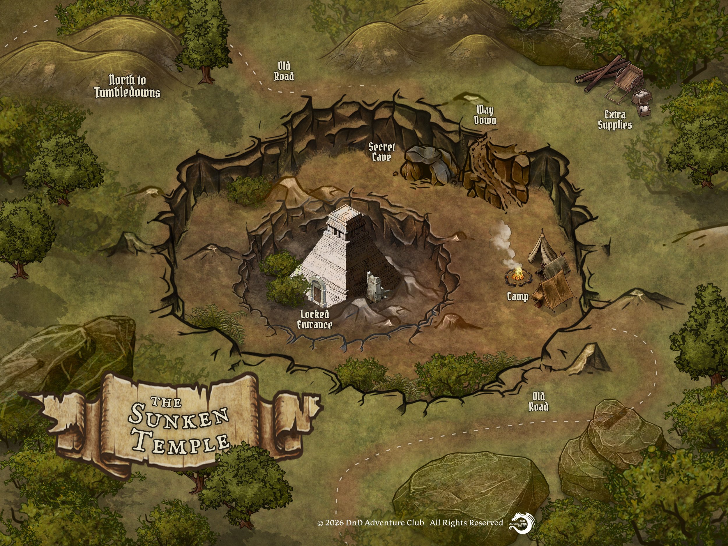 A fictional map showing the Sunken Temple with labeled areas including a locked entrance, secret cave, camp, extra supplies, old road, way down, and north to Tumbledowns, surrounded by trees and rocky terrain.