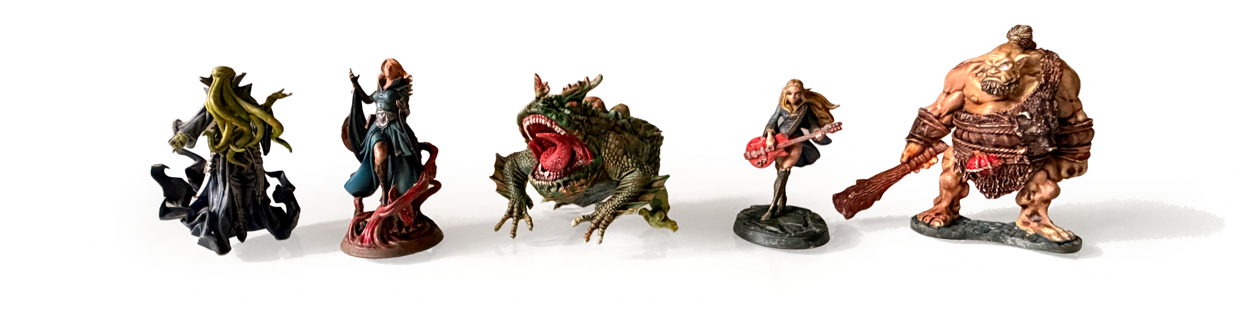 Six fantasy figurines aligned in a row on a white surface.