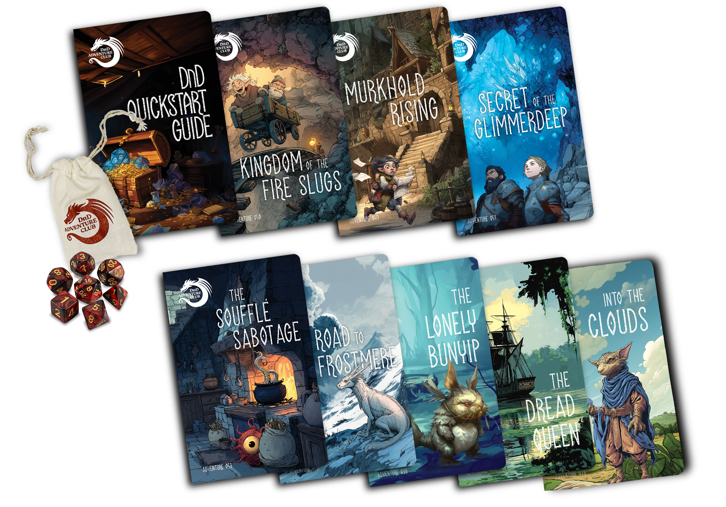 Set of illustrated adventure book covers from the DnD Adventure Club, featuring titles like 'Quickstart Guide,' 'Kingdom of the Fire Slugs,' 'Murkhold Rising,' 'Secret of the Glimmerdeep,' 'The Suffle Sabotage,' 'Road to Frostmere,' 'The Lonely Bunyip,' 'Into the Clouds,' and 'The Dread Queen.' Includes a small drawstring bag with the DnD Adventure Club logo and a collection of colorful polyhedral dice.