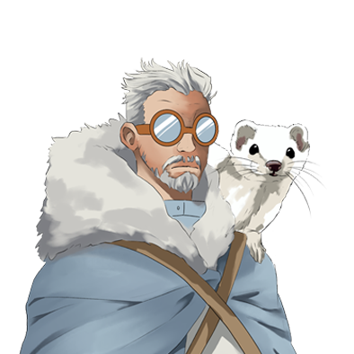 An animated character with gray hair and glasses, wearing a fur-lined cloak, holding a white ferret.