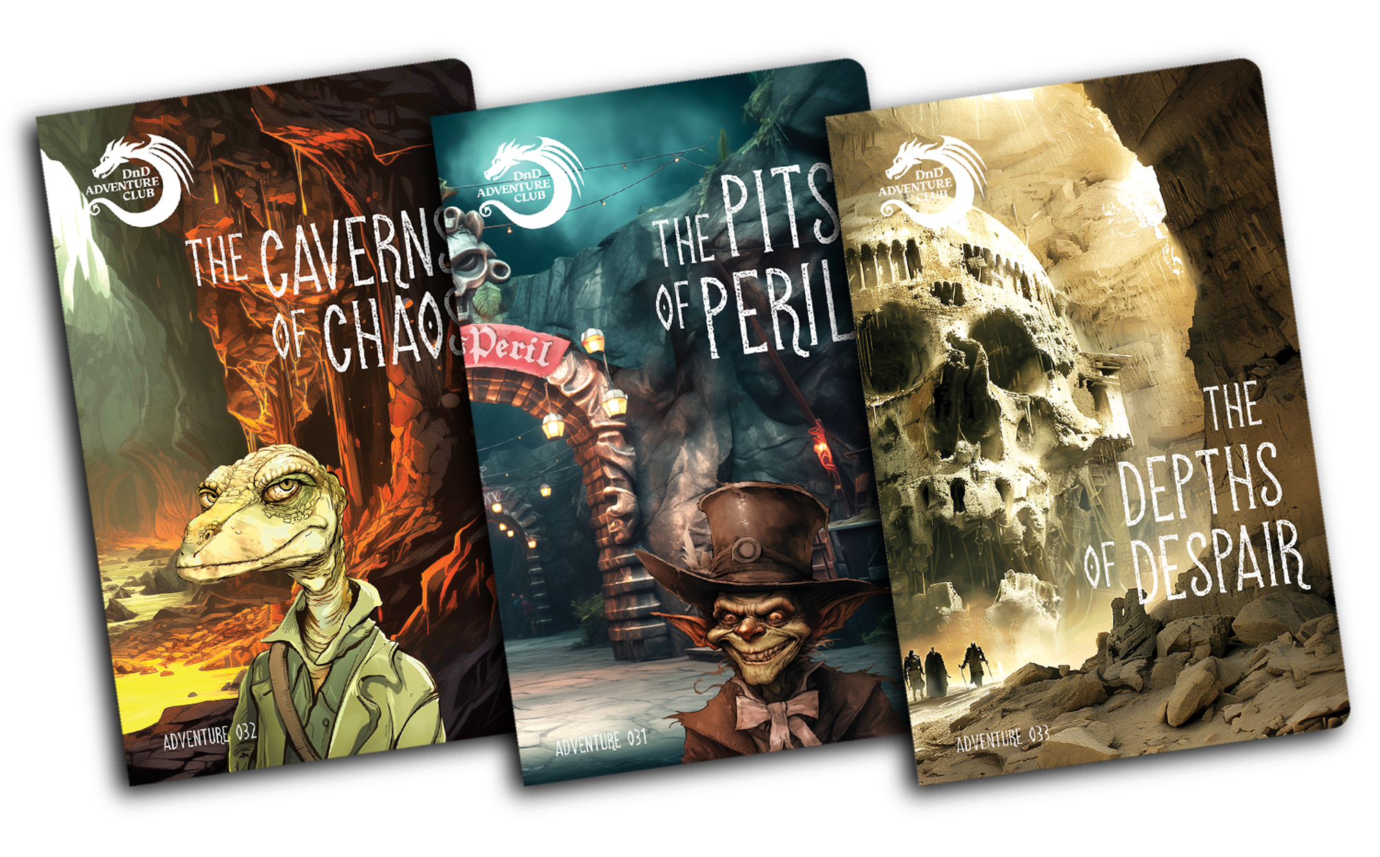 Series of fantasy adventure book covers featuring monsters, caves, and mysterious landscapes from the DnD Adventure Club.