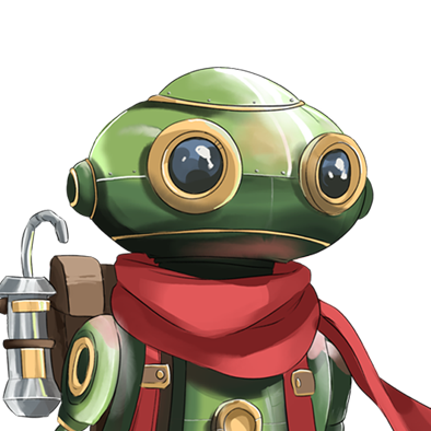 Illustration of a green robot with round eyes, wearing a red scarf, and carrying a backpack.