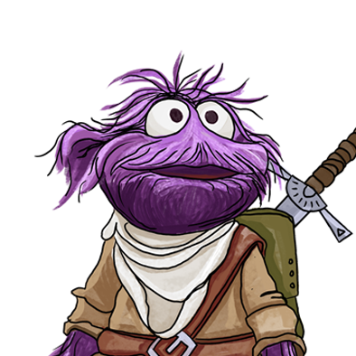 Cartoon depiction of a purple, furry creature with large eyes, wearing a brown jacket, white scarf, and holding a staff with a glowing blue tip.