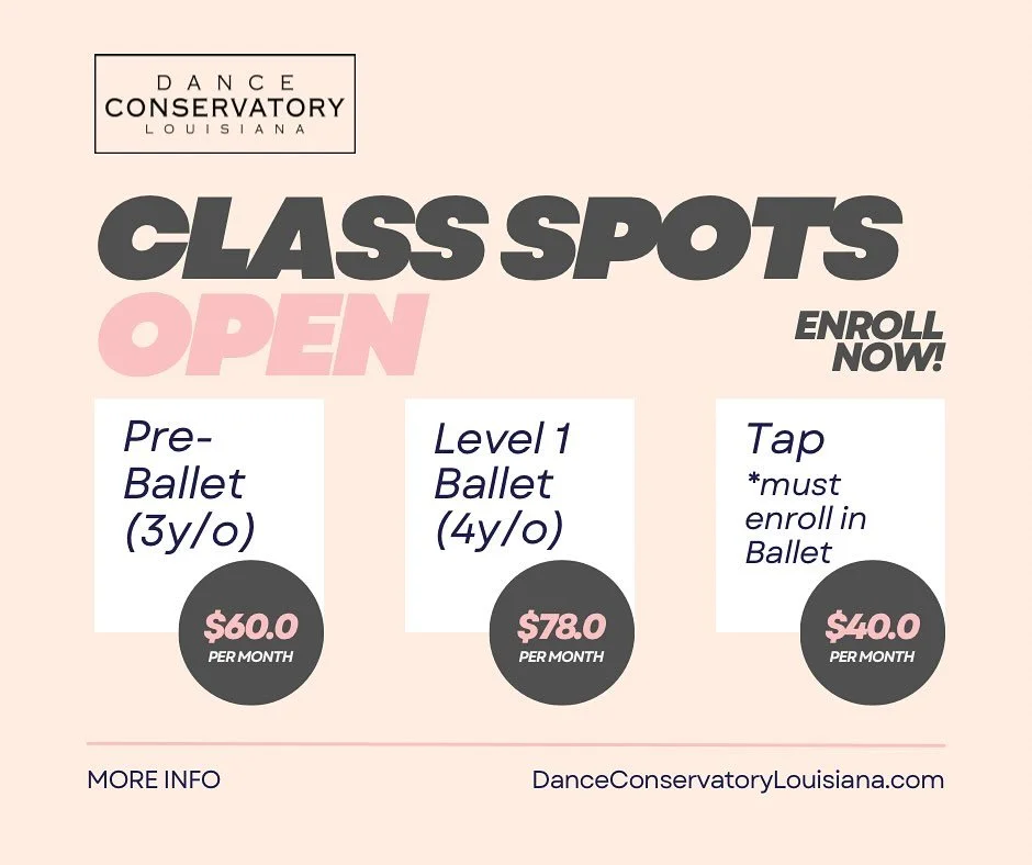We&rsquo;re just one month into our dance year, and it&rsquo;s not too late to join the fun. We still have a few openings in:
🩰 Pre-Ballet (ages 3)
🩰 Level 1 Ballet (ages 4)
👞 Tap classes (for dancers enrolled in ballet)

Now is the best time to b