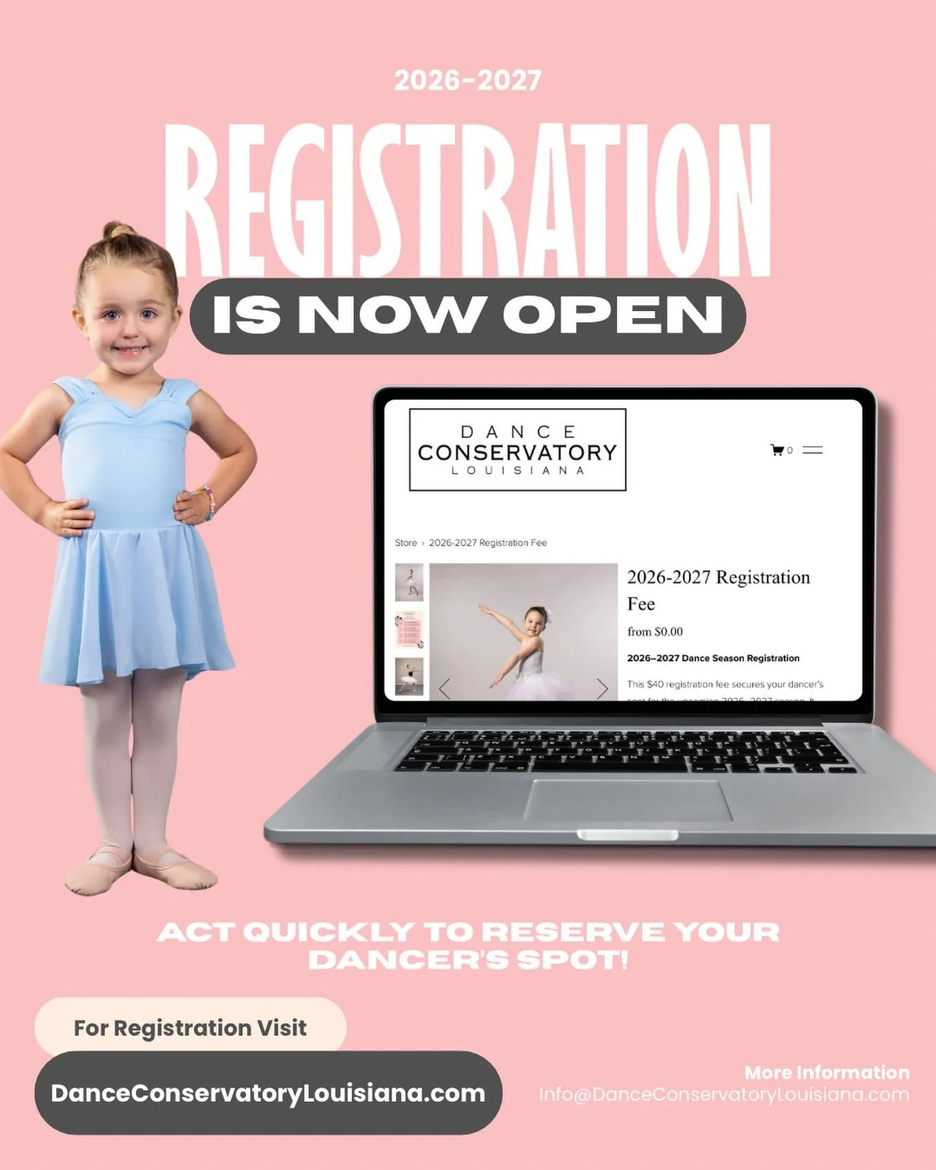 Registration is NOW OPEN for the 2026&ndash;2027 season at Dance Conservatory of Louisiana! 

We are so excited to welcome dancers ages 3 and up into our new home at 2650 Common Street for another beautiful season of classical ballet training. From o