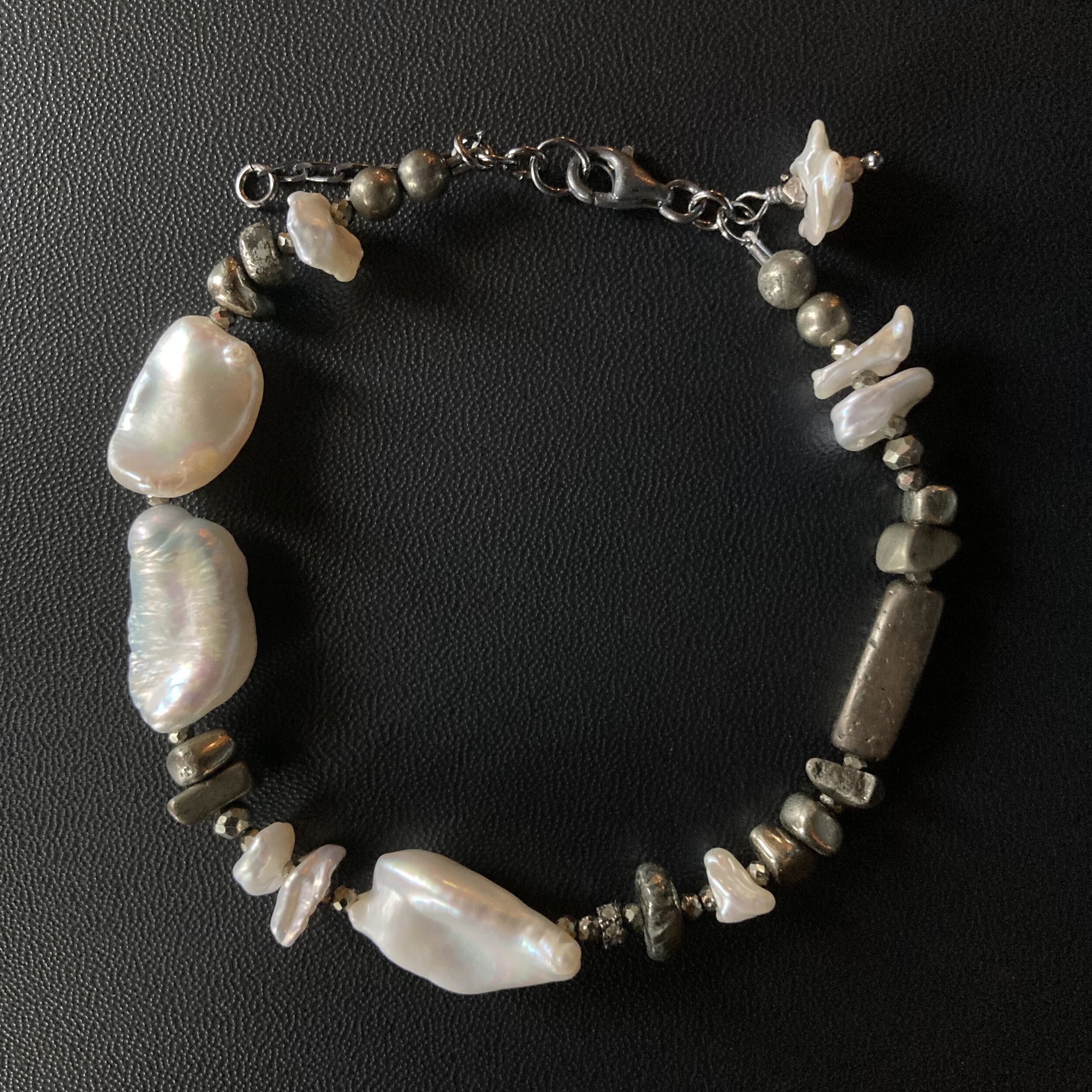 Baroque Biwa Pearls, Pyrite, Oxidized Sterling Silver Bracelet ...