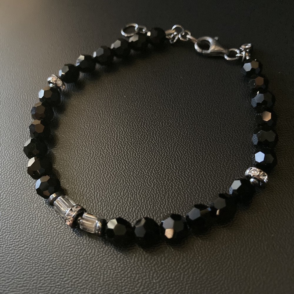 Black Swarovski Crystal, Hematite, and Oxidized Sterling Silver Bracelet — Coquelicot Gallery and Cafe