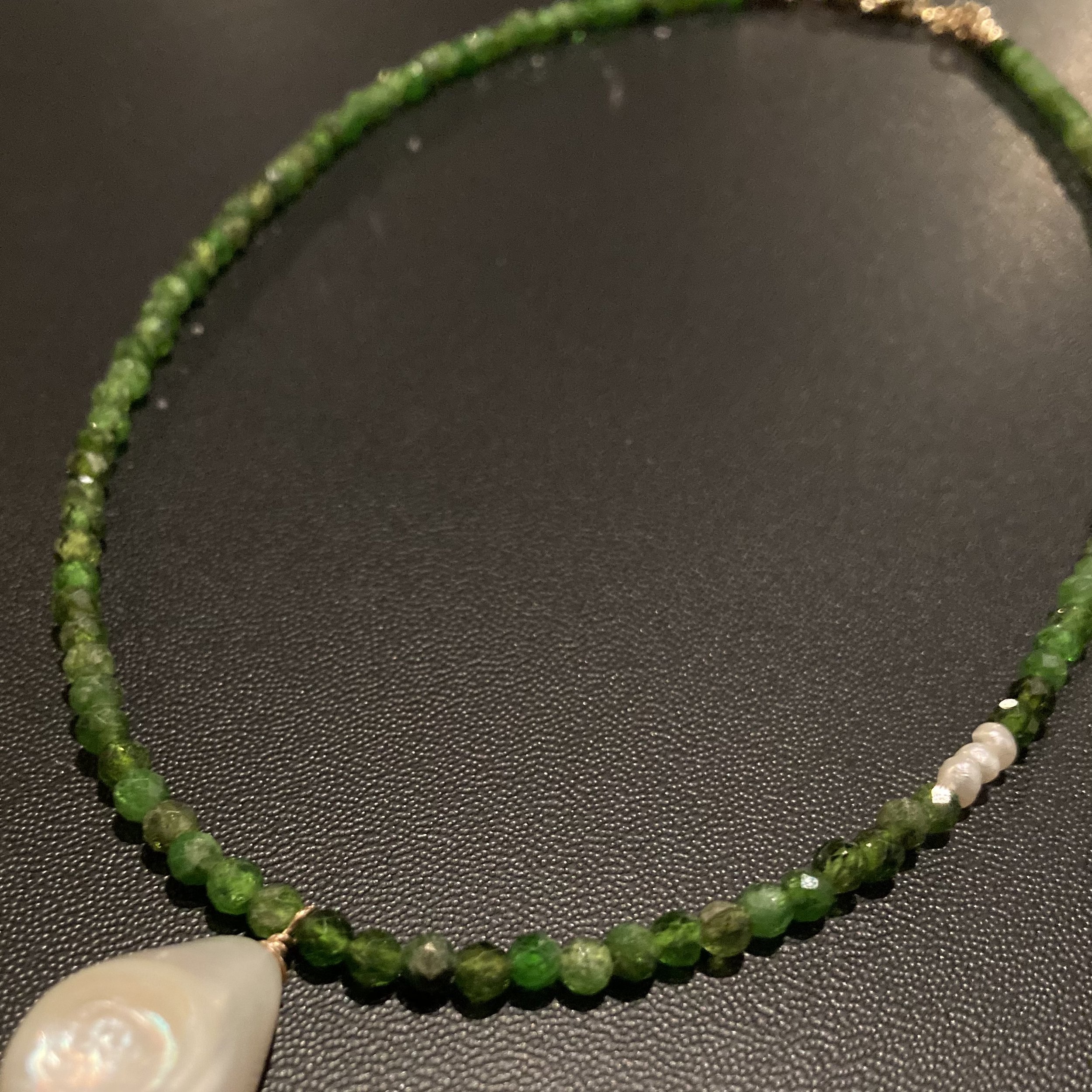 Chrome Diopside Natural Stone, Baroque Freshwater Pearl, and 14k Gold Filled Necklace