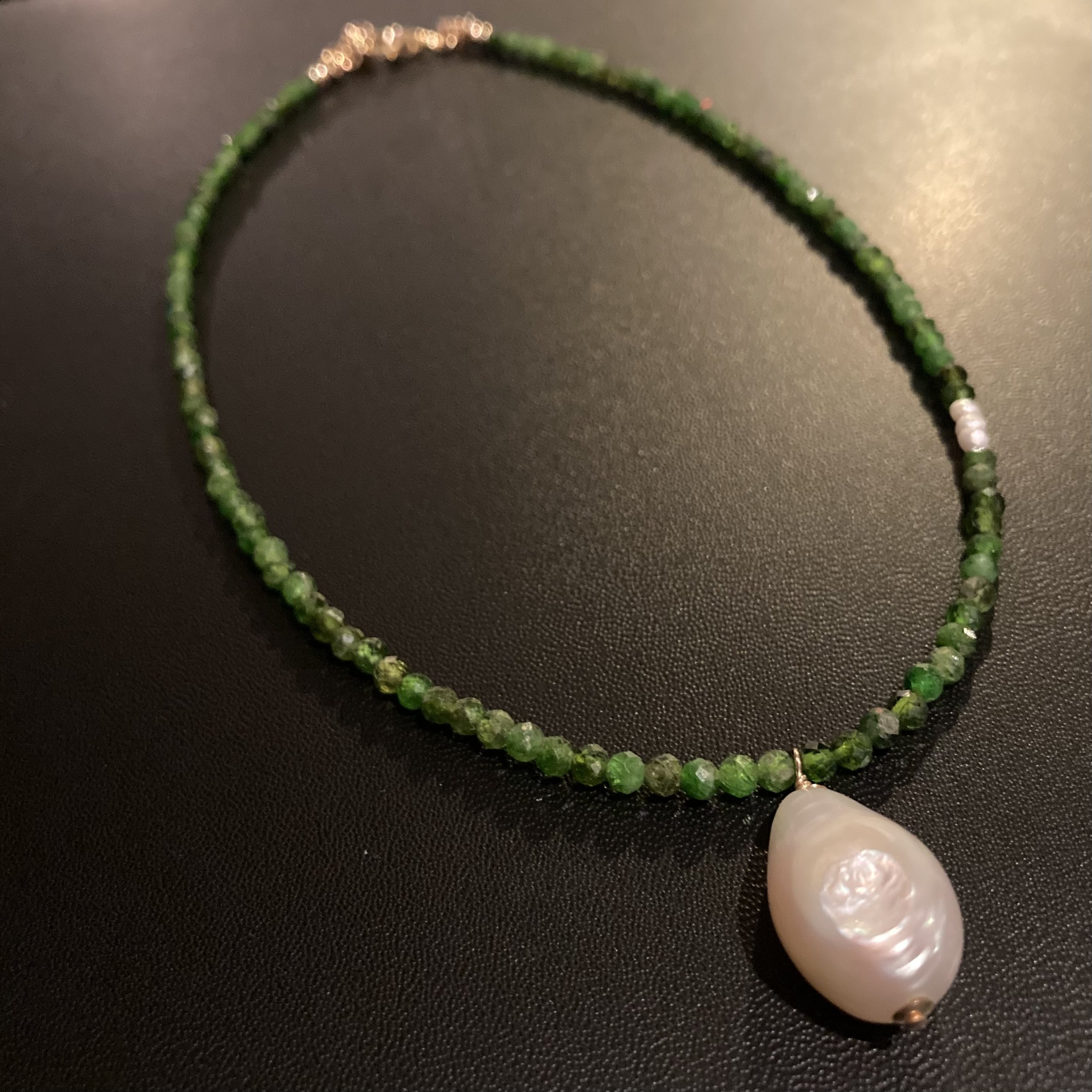 Chrome Diopside Natural Stone, Baroque Freshwater Pearl, and 14k Gold Filled Necklace