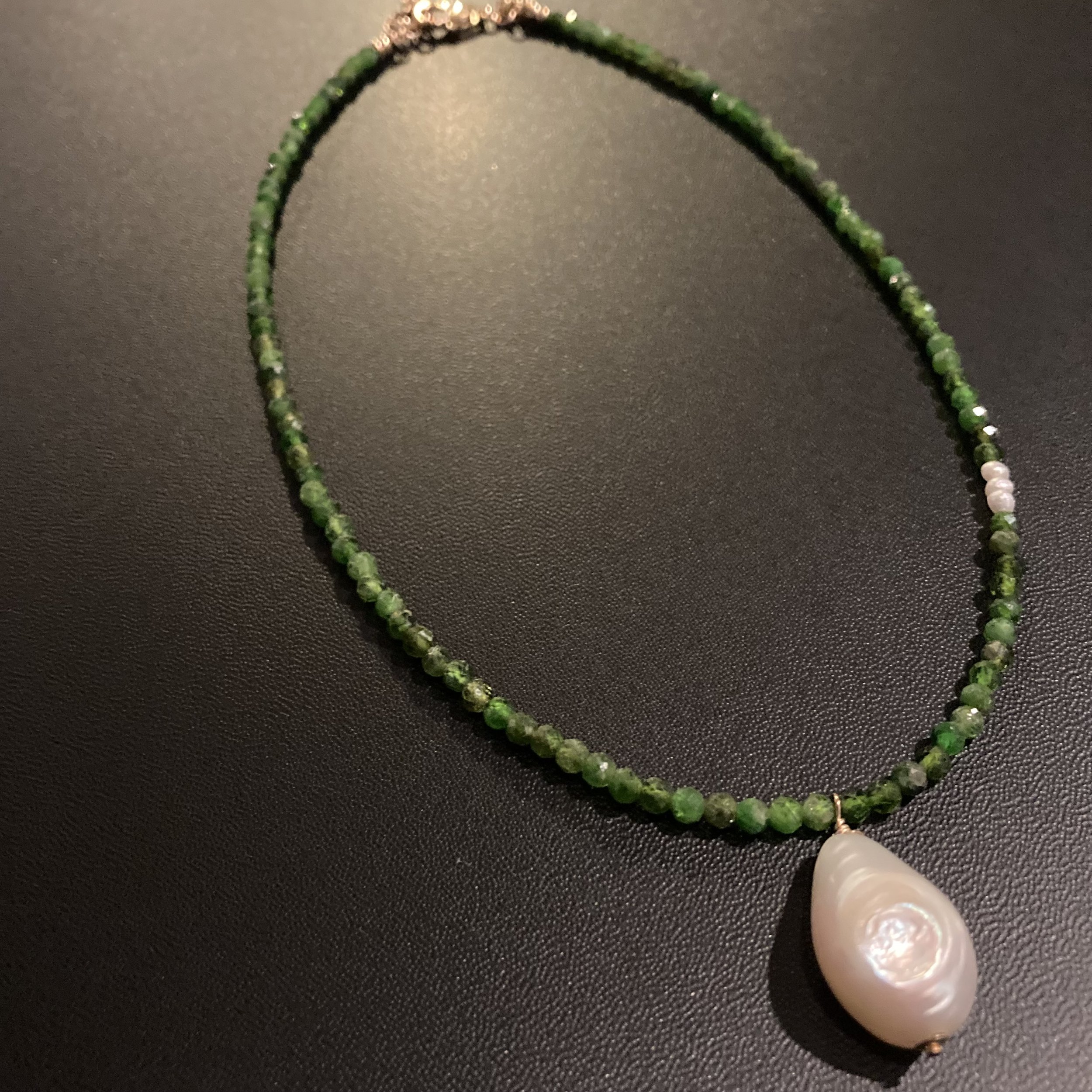 Chrome Diopside Natural Stone, Baroque Freshwater Pearl, and 14k Gold Filled Necklace