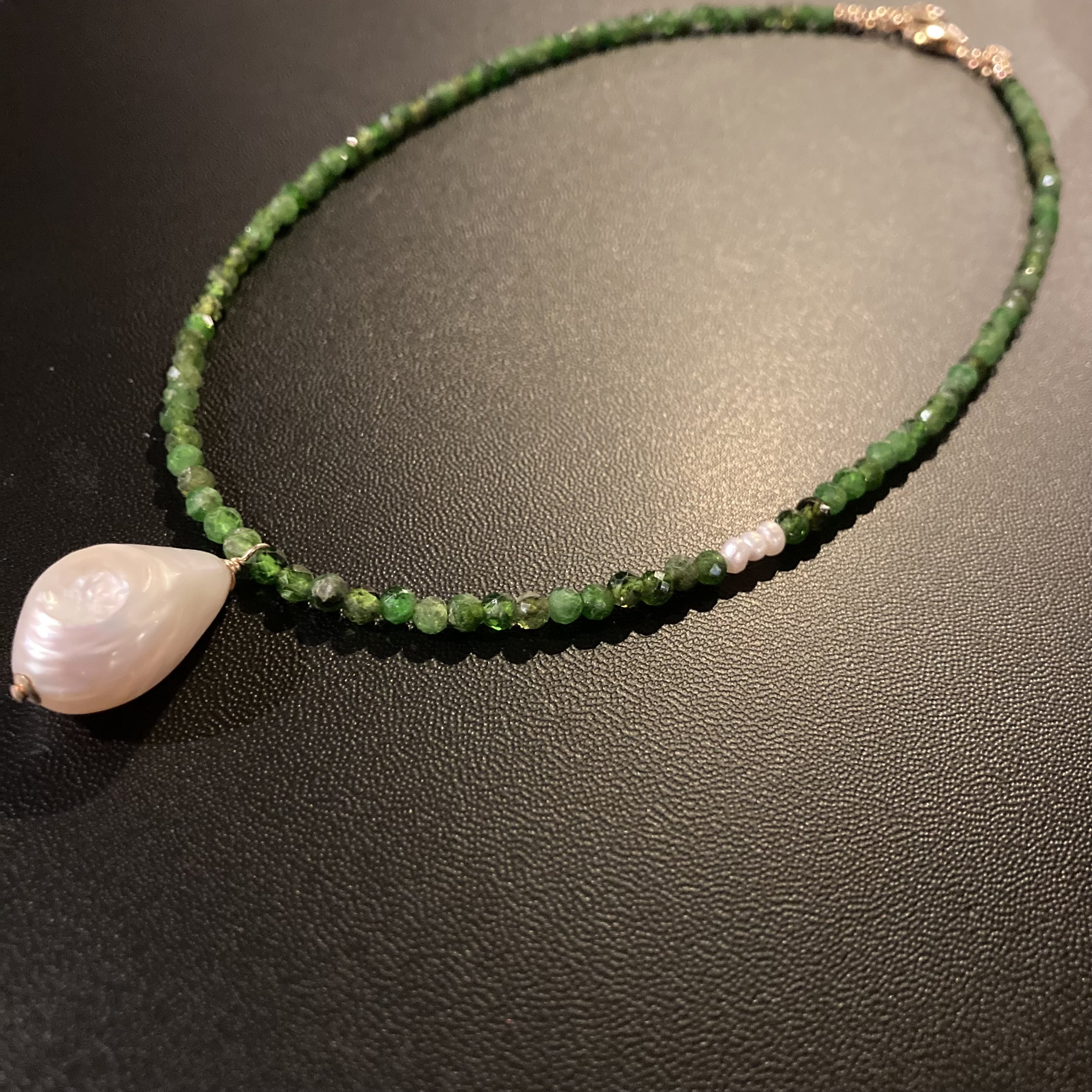 Chrome Diopside Natural Stone, Baroque Freshwater Pearl, and 14k Gold Filled Necklace