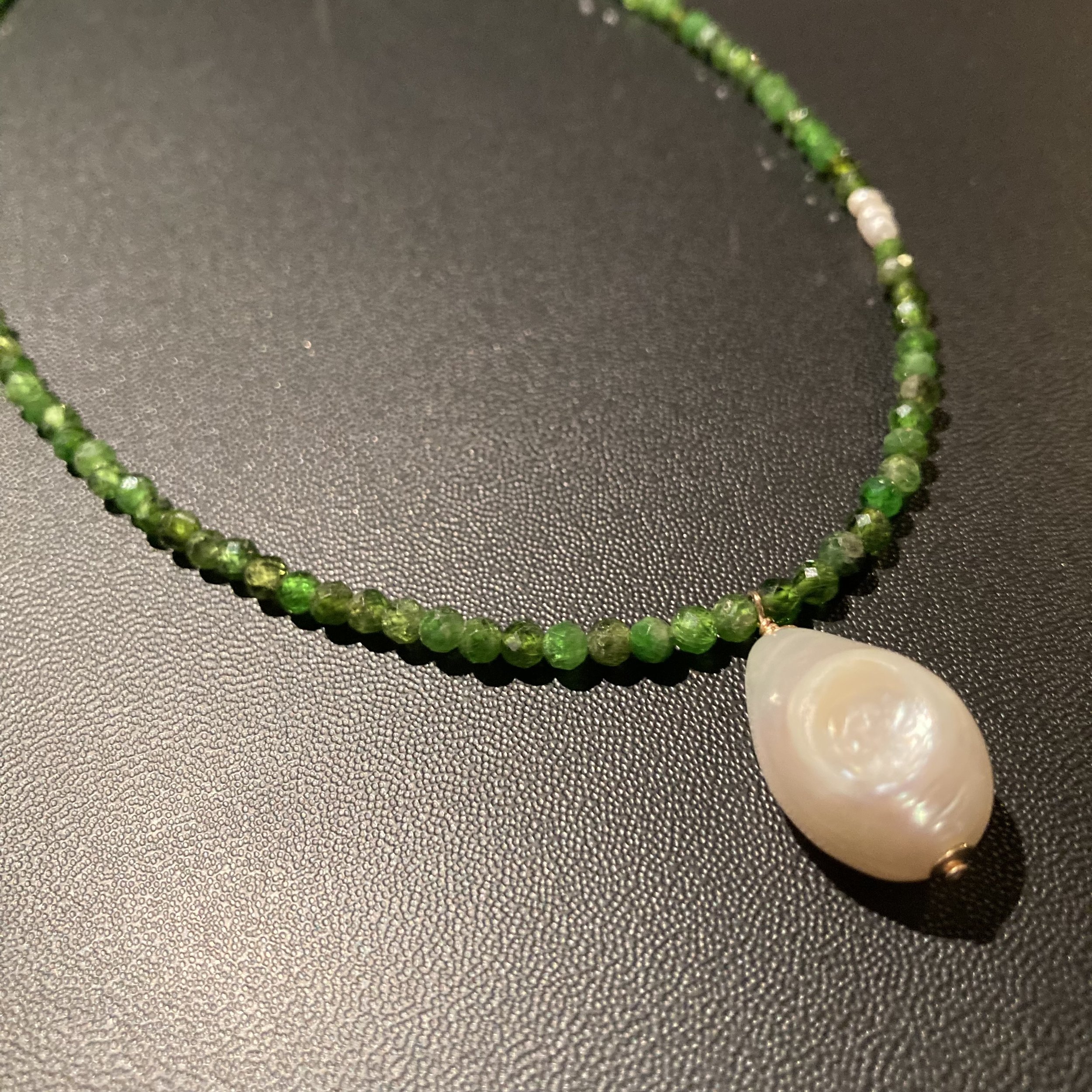 Chrome Diopside Natural Stone, Baroque Freshwater Pearl, and 14k Gold Filled Necklace