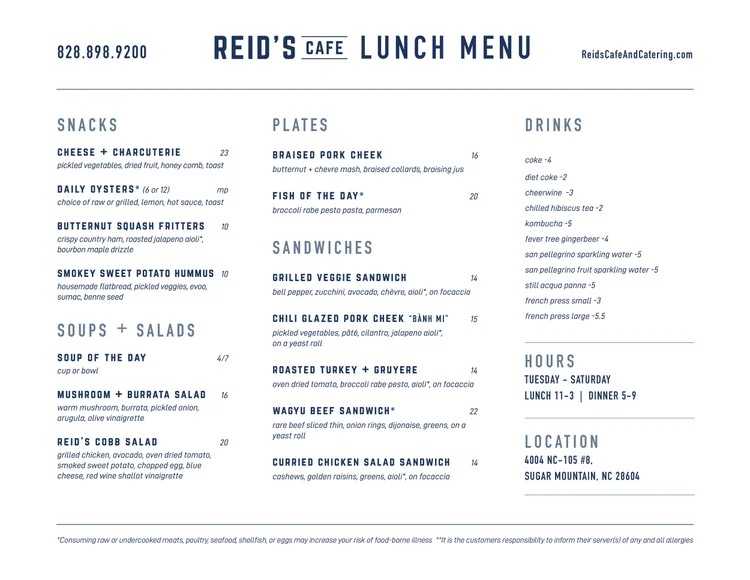 Cafe Menus — Reid's Cafe & Catering Co.