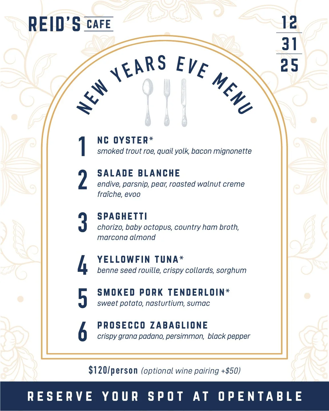 Menu for Reid's Cafe's New Year's Eve event with six dishes listed: NC Oyster, Salade Blanche, Spaghetti, Yellowfin Tuna, Smoked Pork Tenderloin, and Prosecco Zabaglione. The menu includes a note about optional wine pairing.