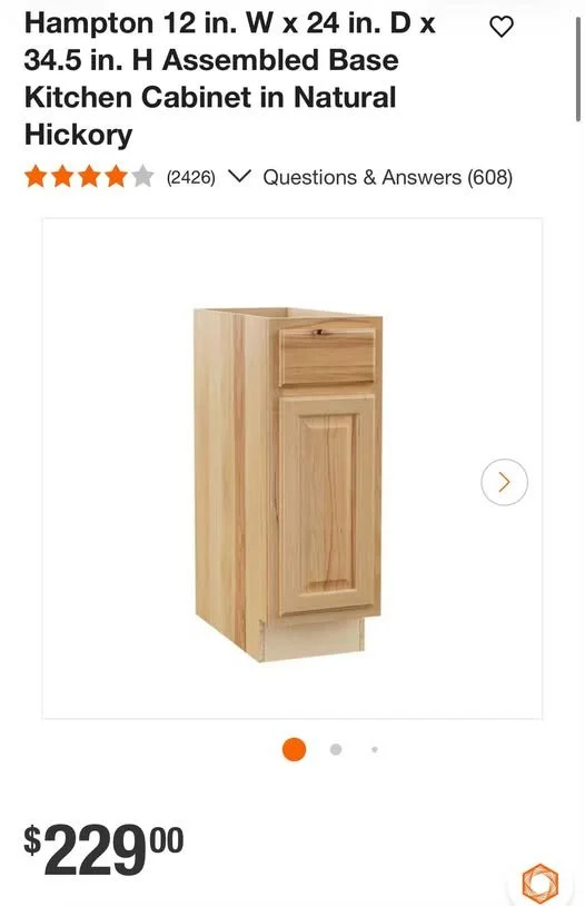 Natural Hickory Kitchen Base Cabinet 12x24x34.5