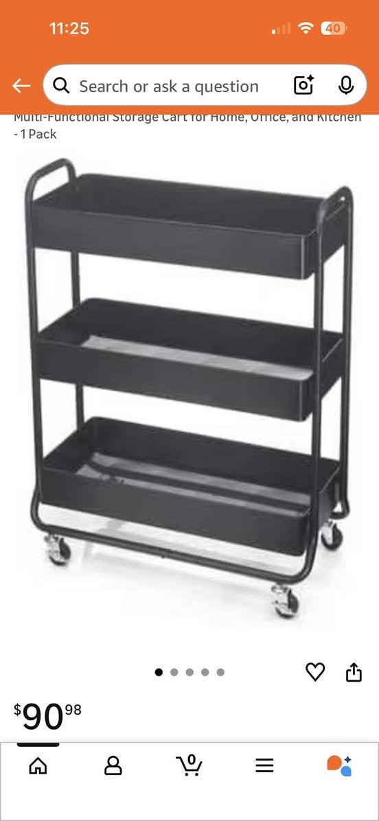 Hudson Black 3-Tier Metal Rolling Cart by Simply Tidy - Multi-Functional Storage Cart for Home, Office, and Kitchen - 1 Pack