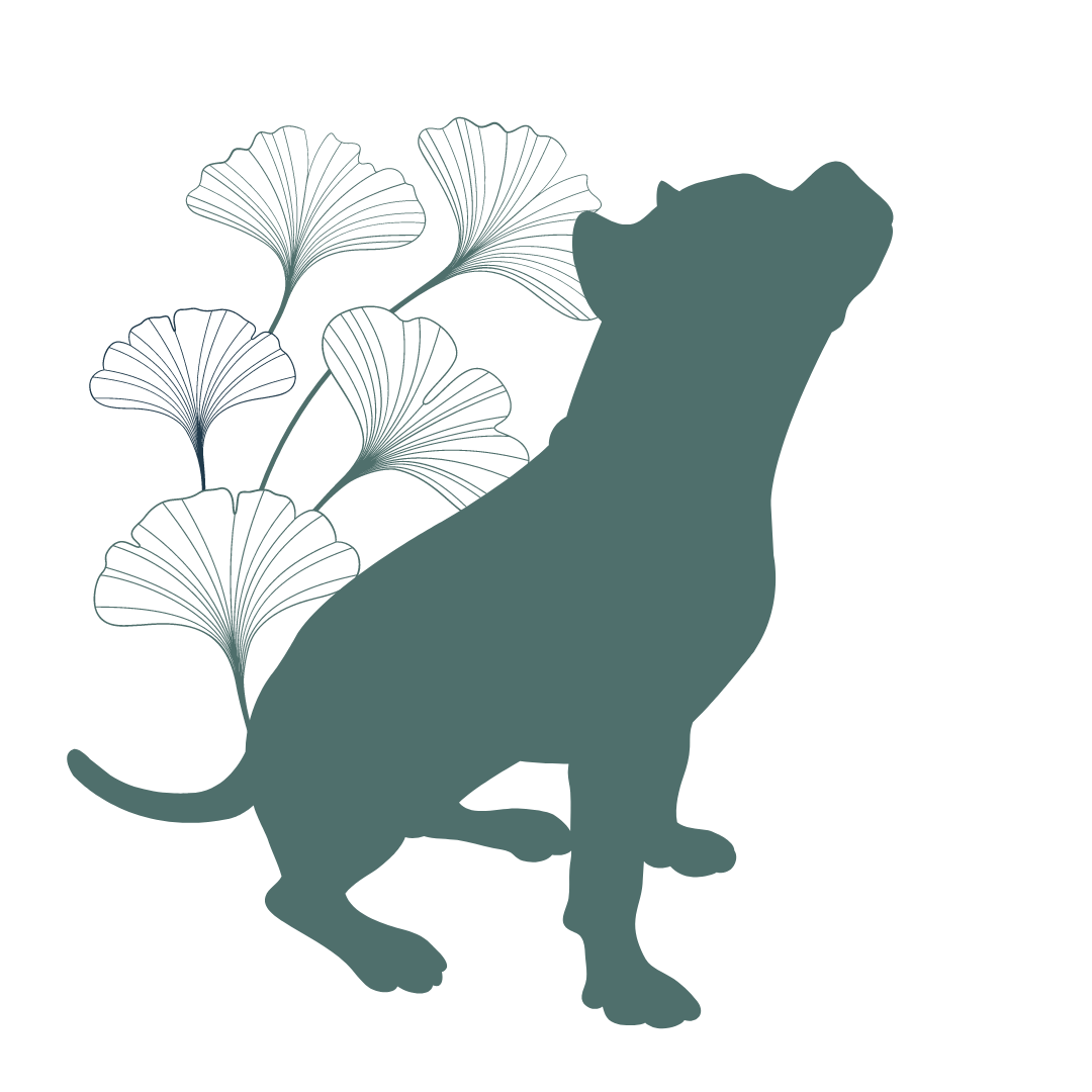 Graphic of grey dog with flowers