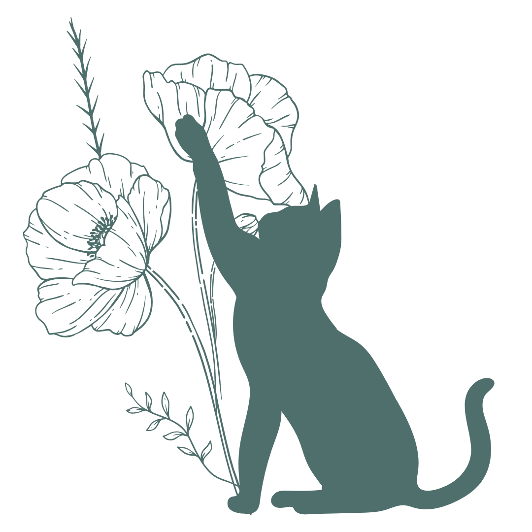 graphic of grey cat with poppies