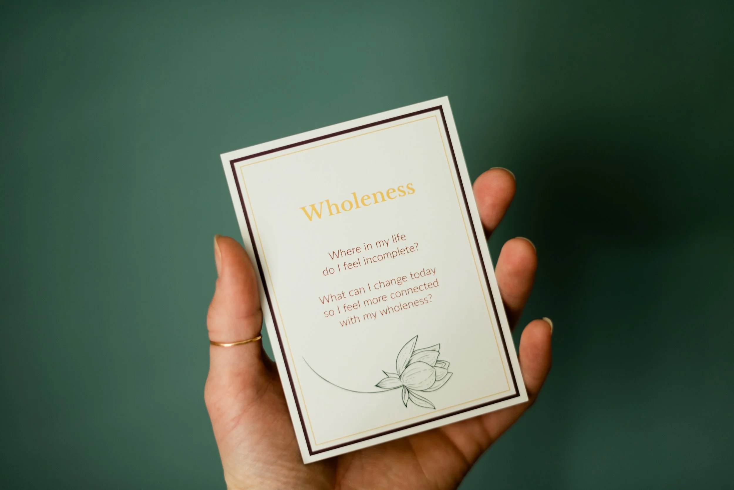 "Natural Energetic Boundary Self-Care Card"  by Joanna Schmidt that reads, "Wholeness: Whare in my life do I feel incomplete? What can I change today so I feel more connected with my wholeness?"