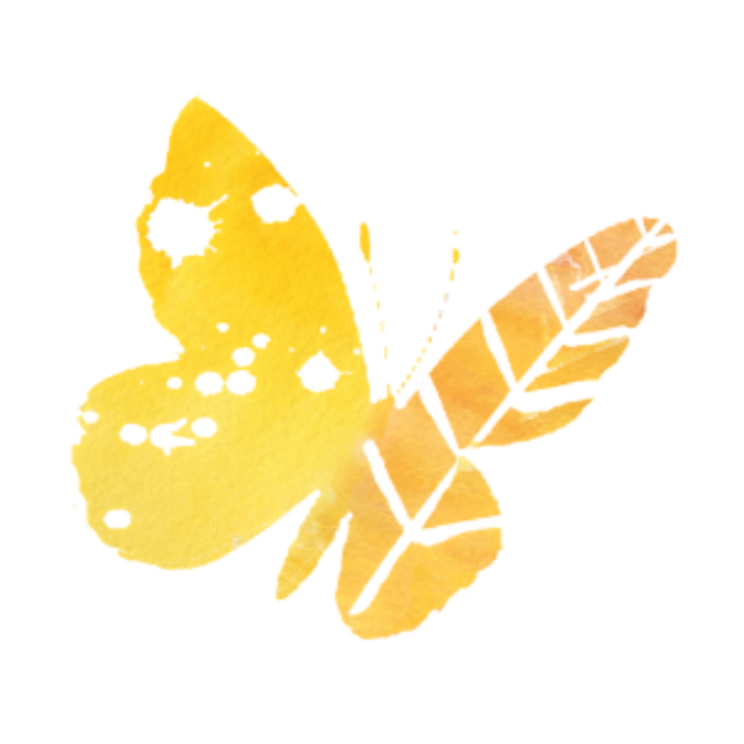 small watercolor graphic of a yellow and orange butterfly in flight