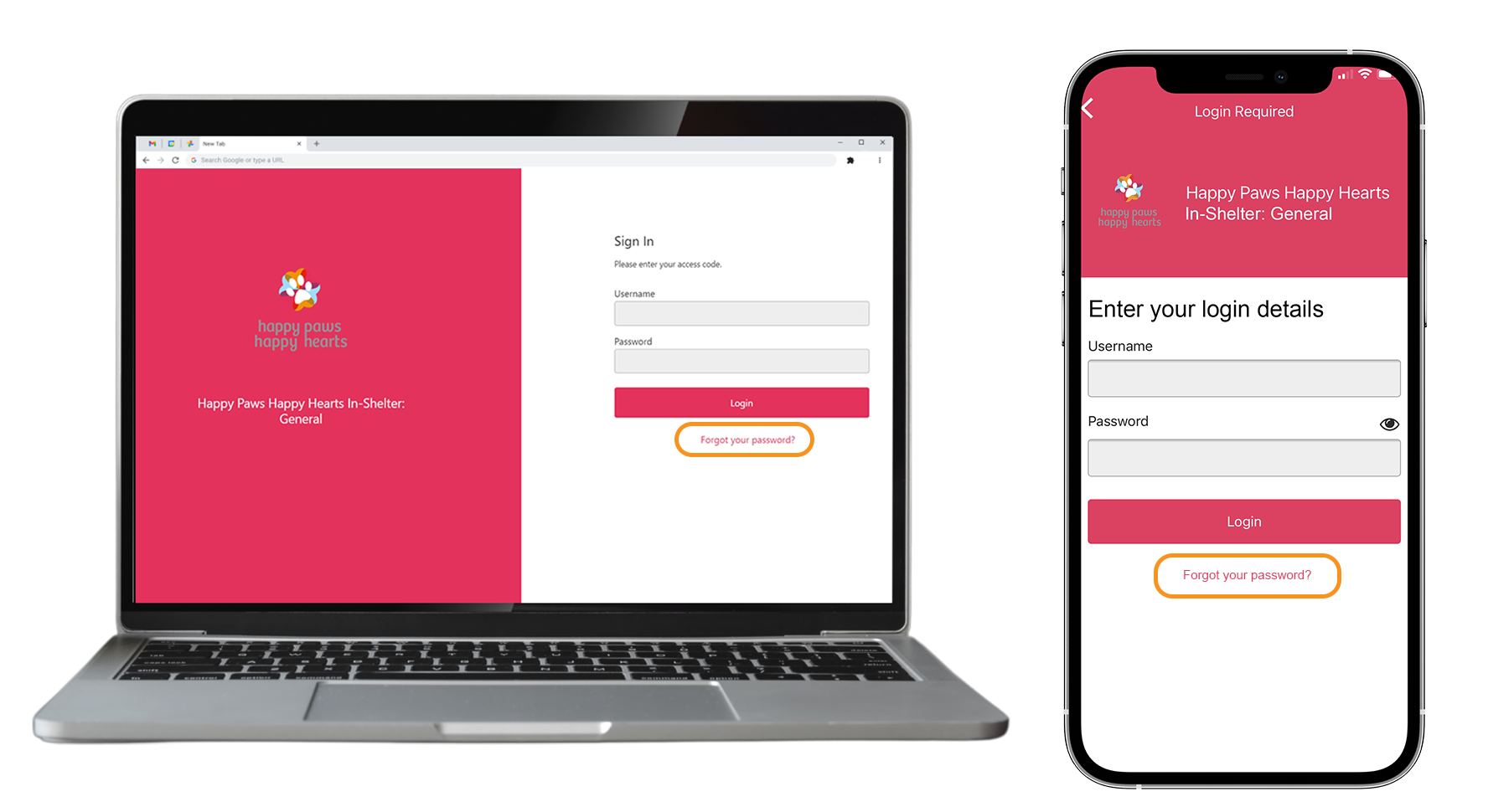 laptop and mobile screens displaying HPHH login page with Forgot Your Password link