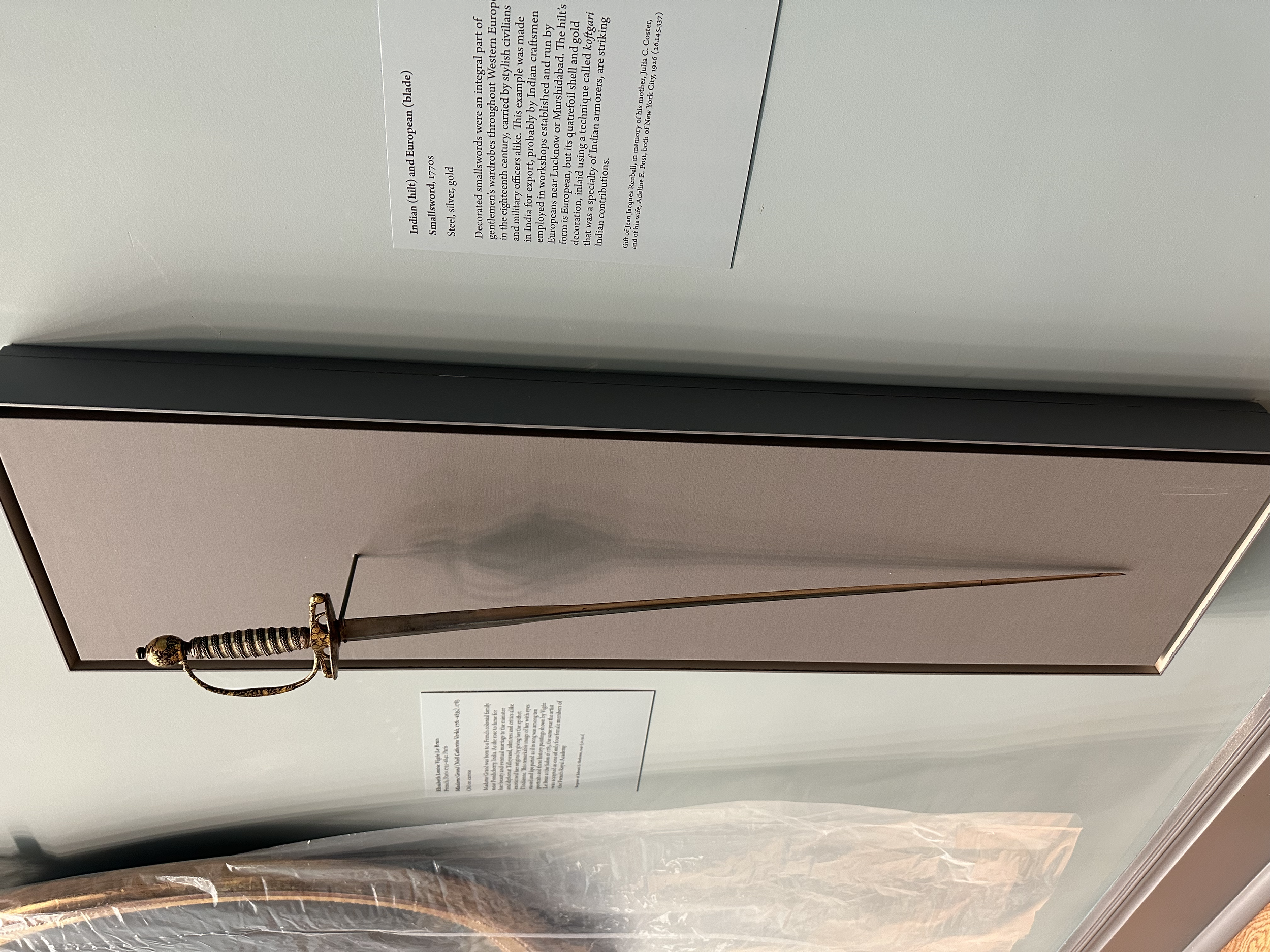 Sword angled into the position requested by the curators and exhibition design manager. (Photo: Jennifer Kim)