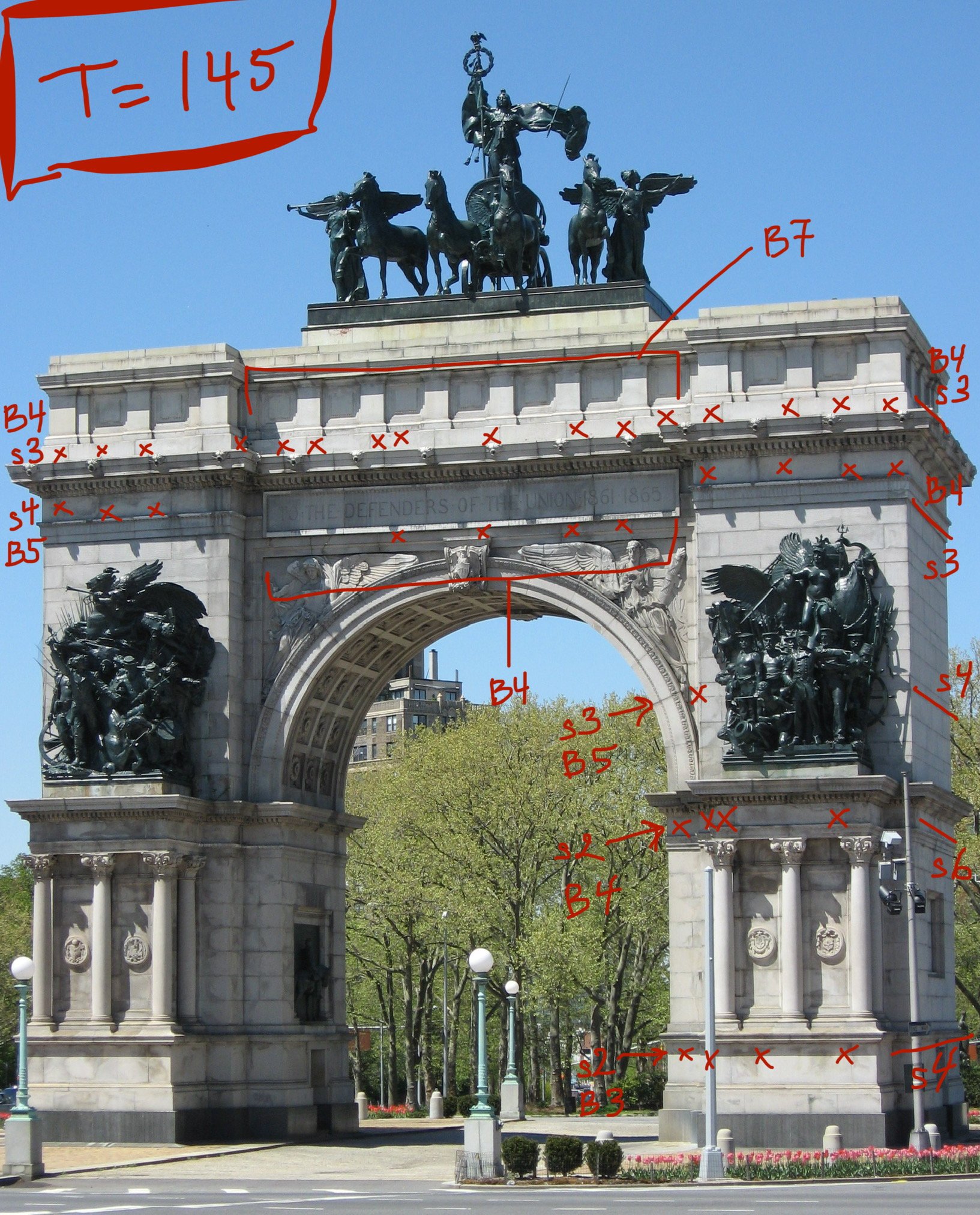 Diagram of the holes drilled into the arch for the scaffold. (Photo: Wikipedia, edits by Jennifer Kim)
