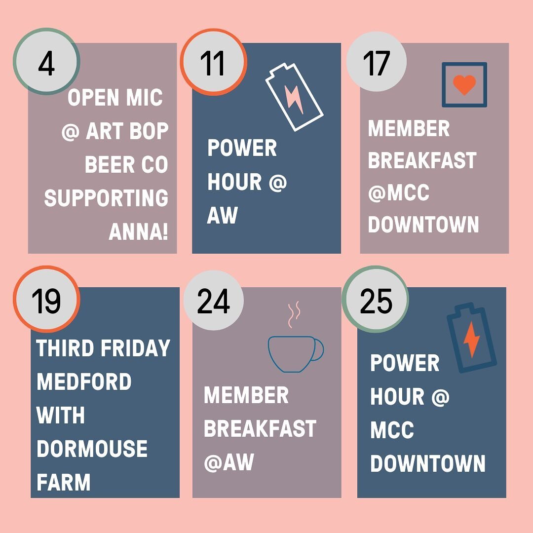 Check out this month's member events! Curious about our community and want to join in?

Book a tour today and learn more. We look forward to coworking with you and having you as part of our community.

#MedfordCoworkCollective #AshlandWorks #WhatToDo