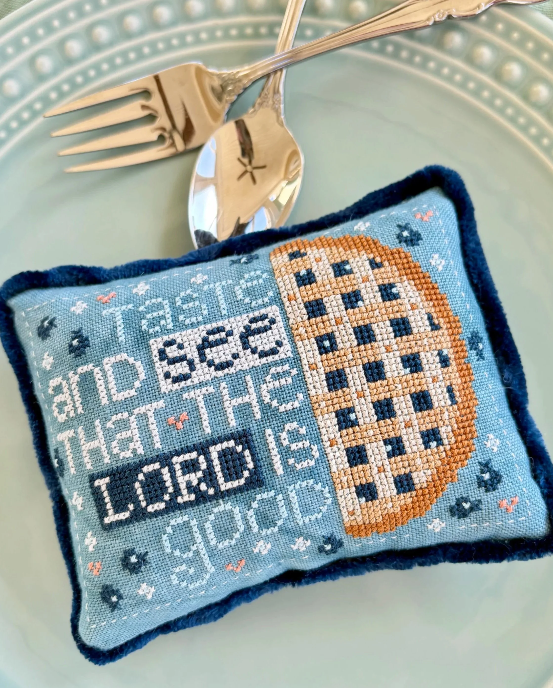 Taste and see that the Lord is good cross stitch pillow with blueberry pie
