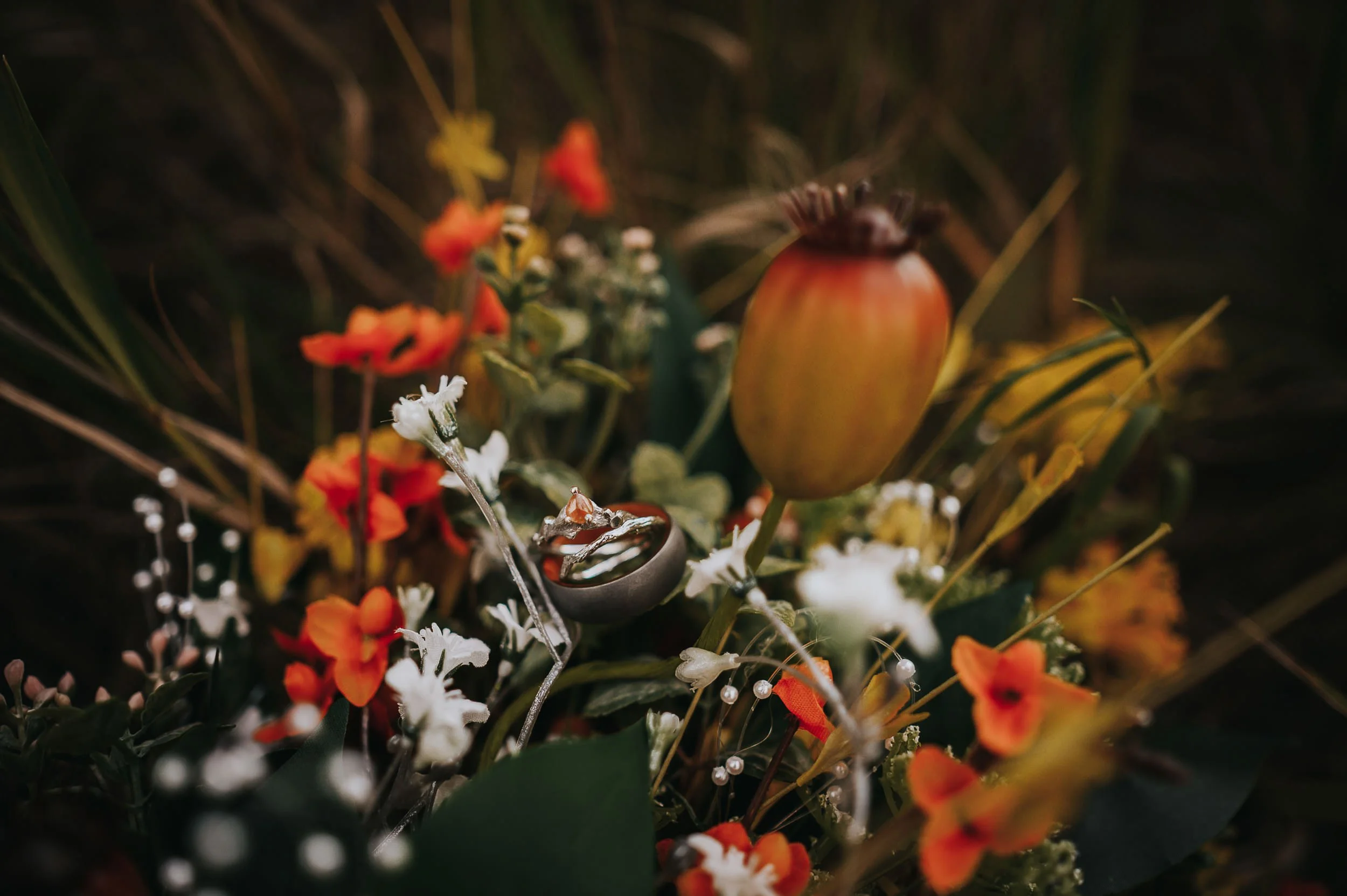 A dramatic closeup of a vibrant wildflower bouquet with red poppies and orange blooms.