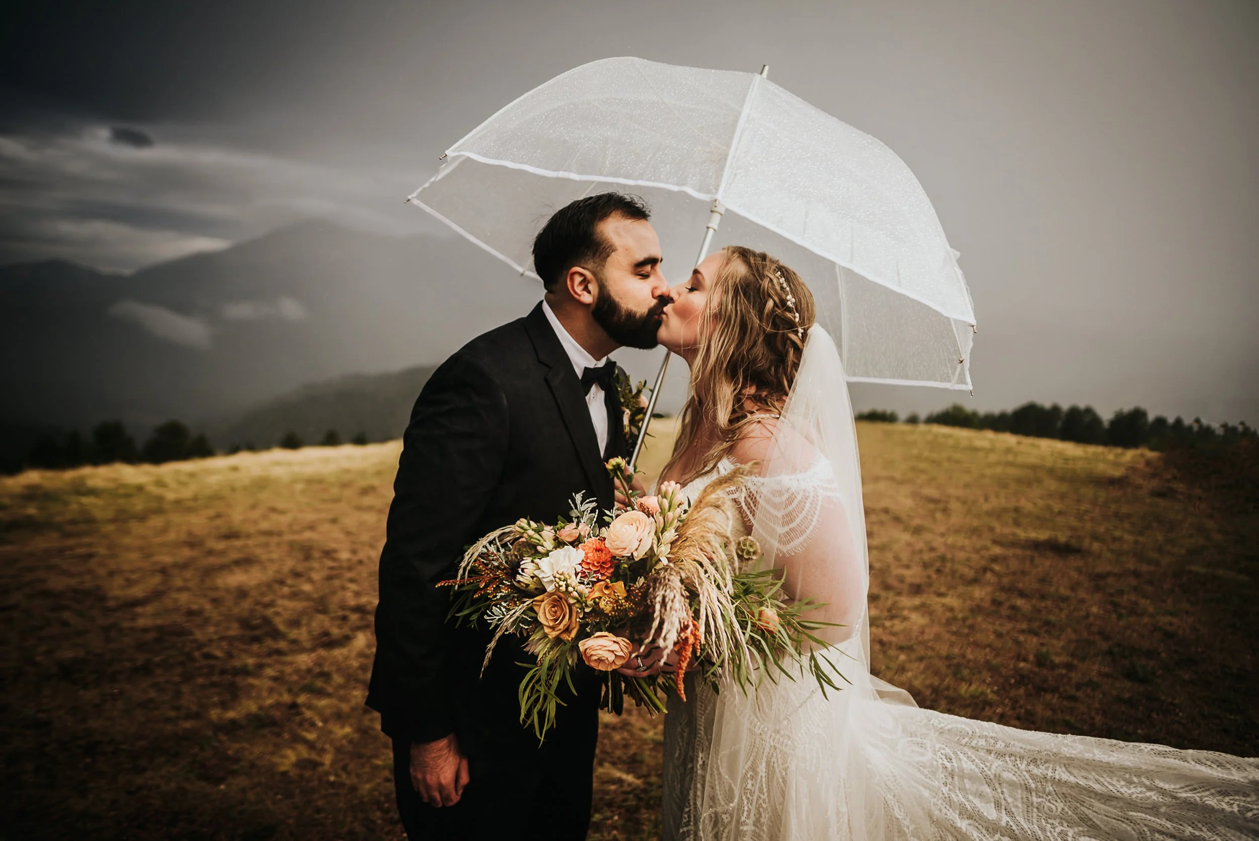 A couple shares a kiss under a clear umbrella in a Colorado mountain meadow, overcast sky behind them.