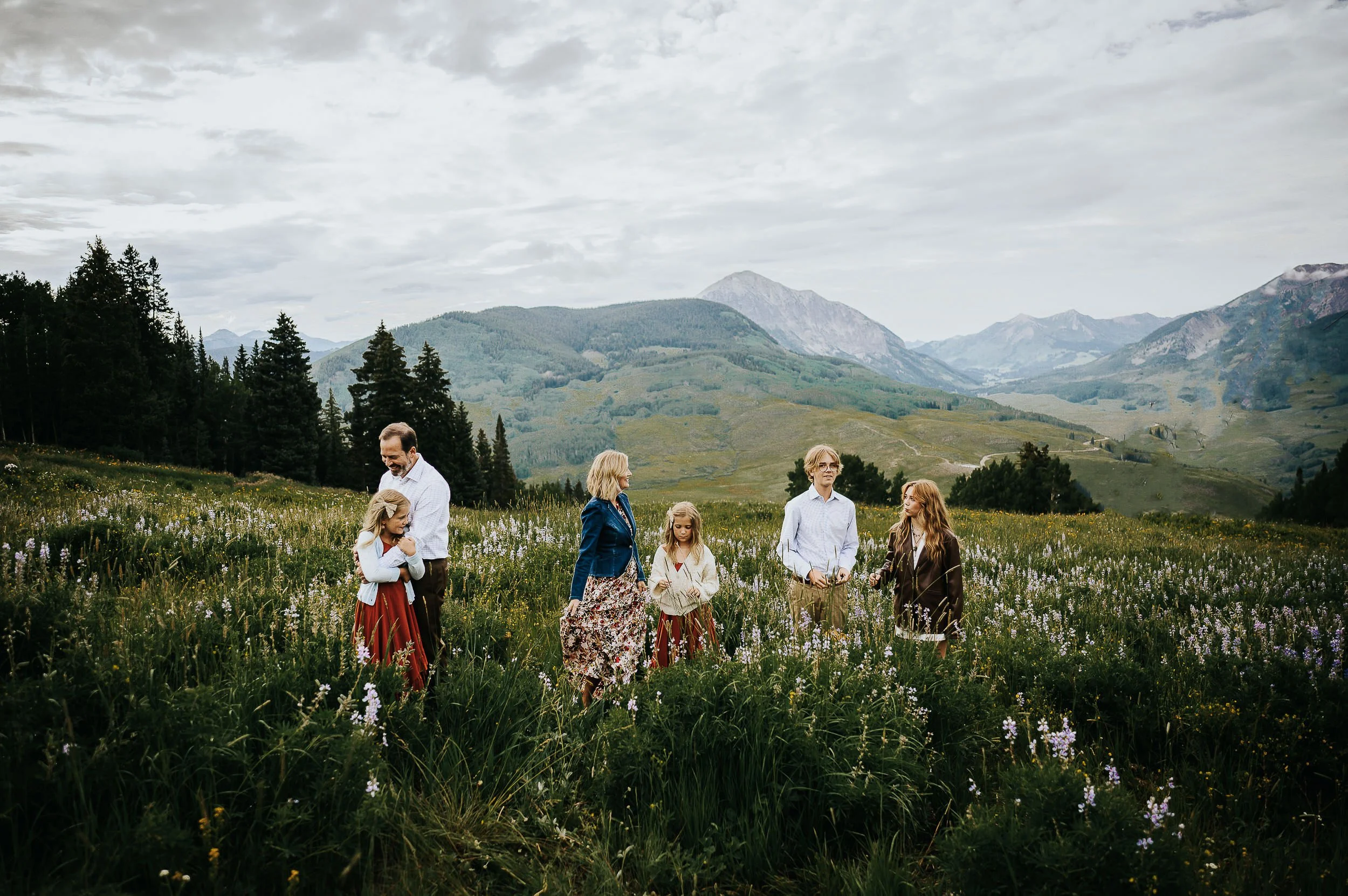 Extended family of seven walking through a mountain meadow, coordinated in cream, dusty blue, and olive with evergreen trees behind them.