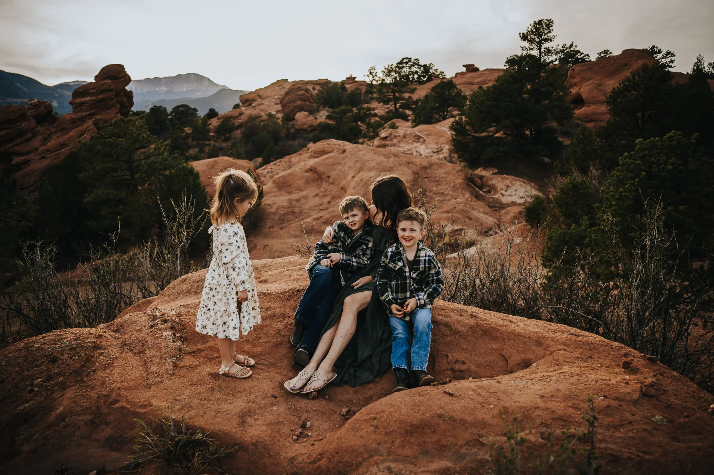 All four sitting close together on the red rocks during golden hour.