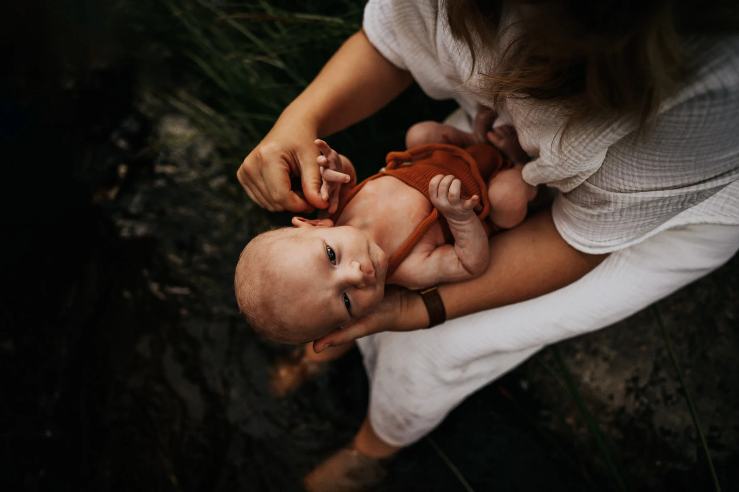 Newborn baby wrapped in a rust colored jumper being gently held in a parent's hands outdoors.