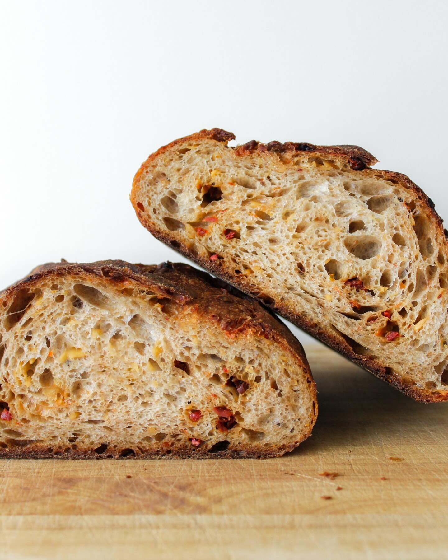 New Smoked Gouda and Sun-Dried Tomato Sourdough loaf. Available both this Saturday and Monday!