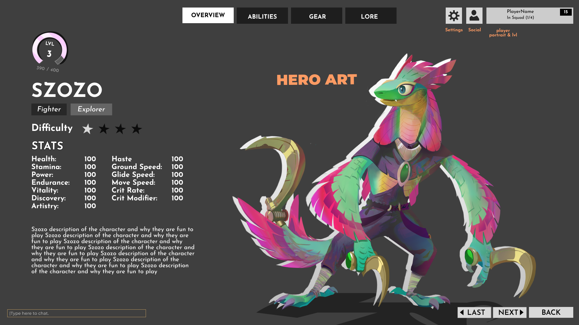 3. Character overview page, from here players can check out all other character related pages.