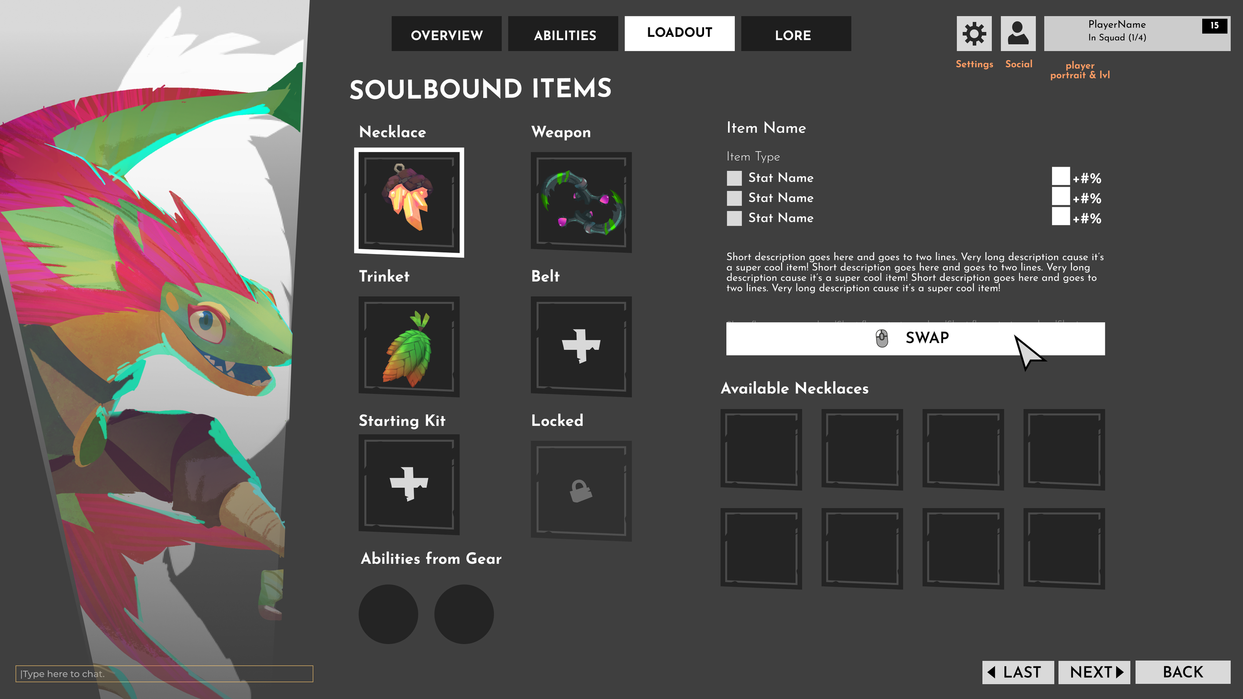 5. Character loadout with available states, slots and available gear.