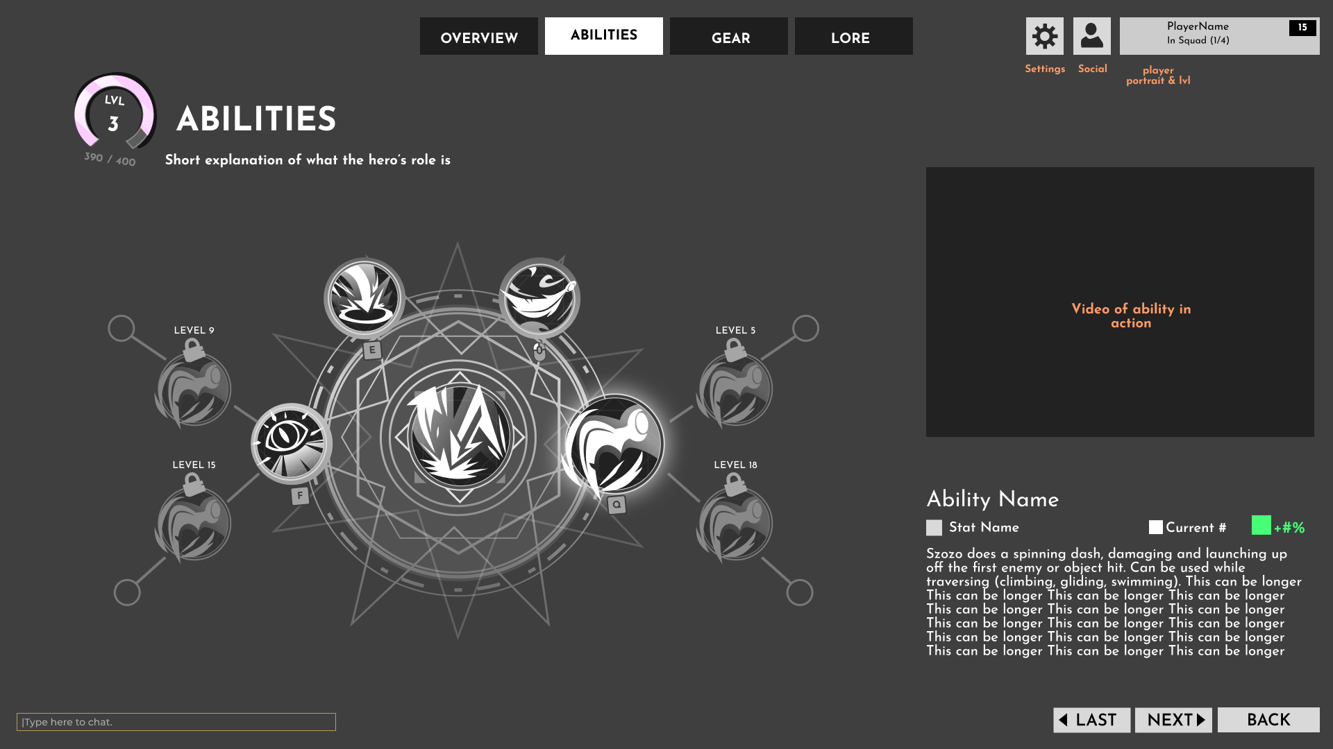 4. Character ability page - all unlocked and locked abilities viewed here.