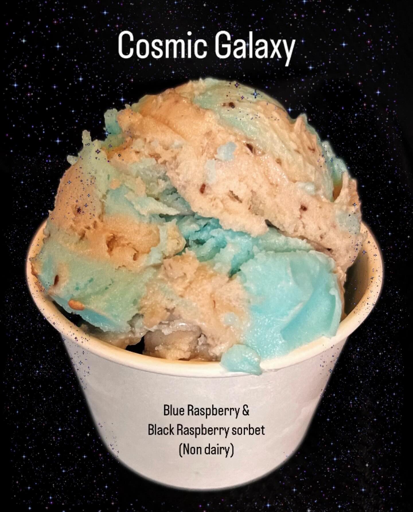 Introducing Cosmic Galaxy sorbet flavor (non-dairy), part of our Eclipse menu this week. We took a spin on our blue raspberry and paired it with black raspberry. Try a scoop today and check out our other Eclipse menu items. We&rsquo;re open 3:00-8:30